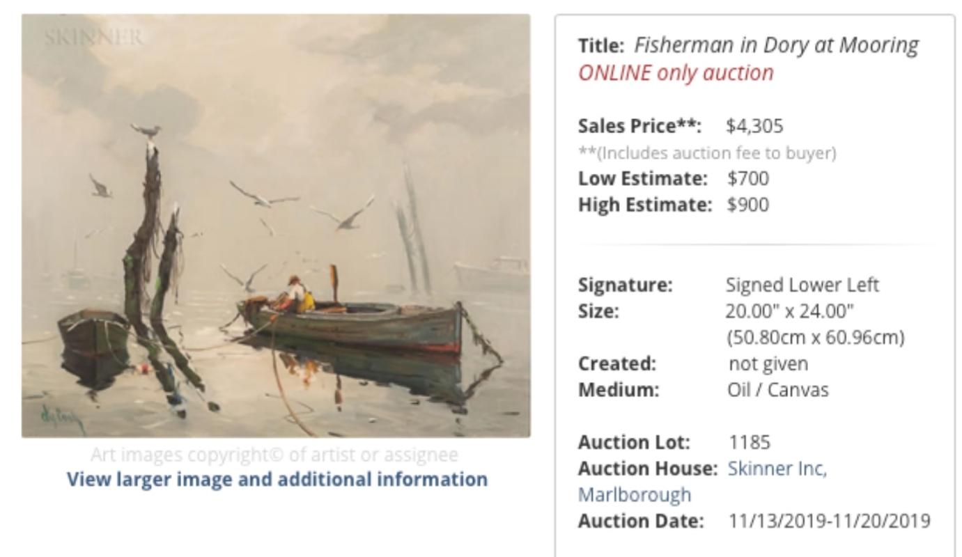 Boats in Harbor, Rockport,Massachusetts - Peinture de paysage marin du milieu du siècle encadrée 3