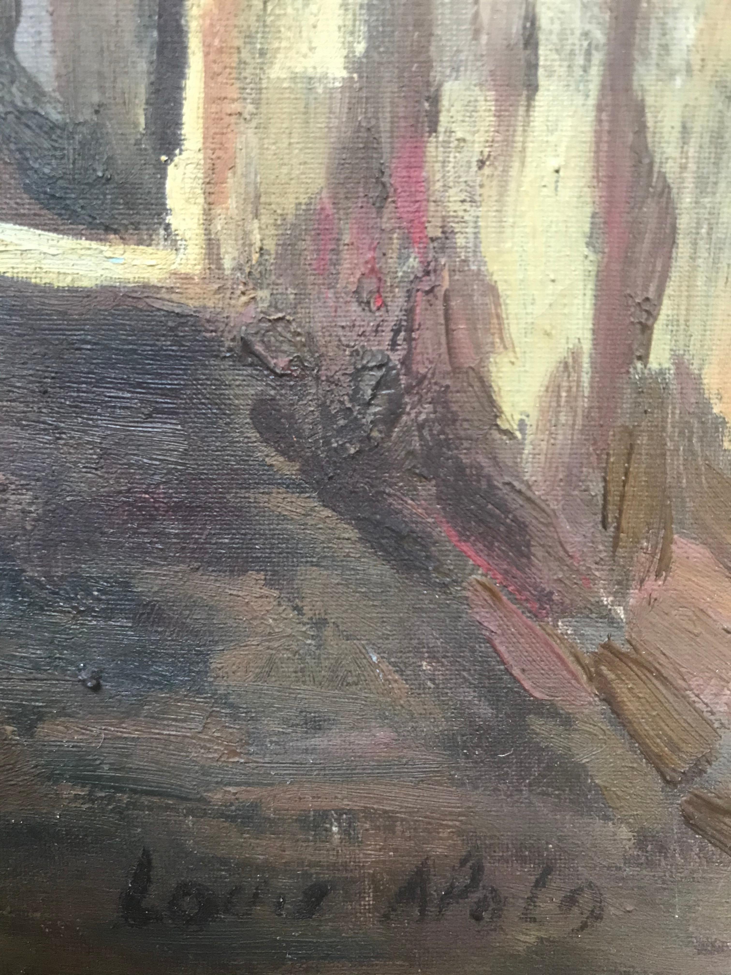 „“Auf dem Markt““ – impressionistische Landschaftsmalerei des späten 20. Jahrhunderts (Braun), Landscape Painting, von Louis Apala