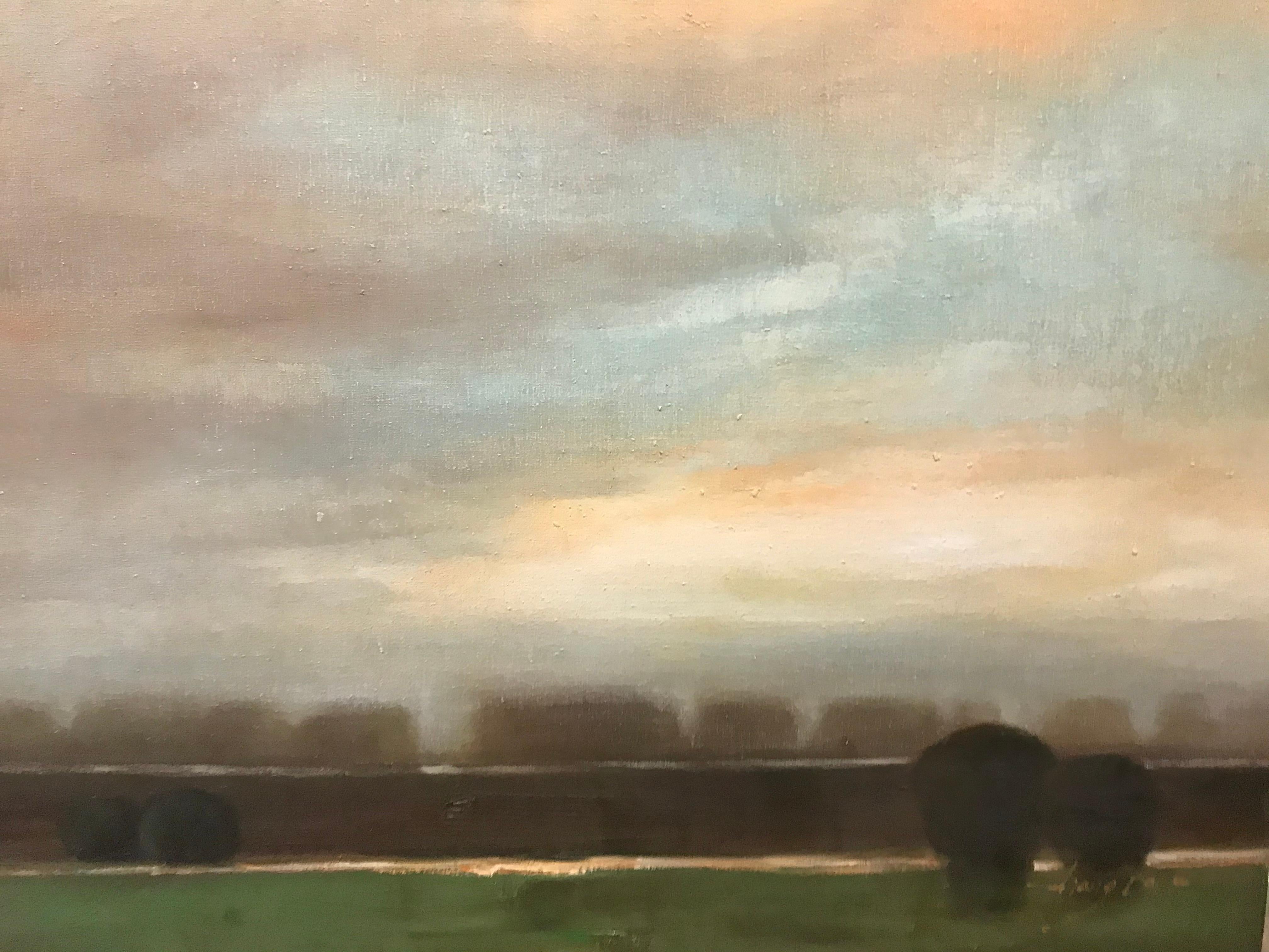 A stunningly rendered rendering of dawn in the countryside, with the sky as hero and subject. It is exceedingly difficult to capture the subtle tones of a morning sky such as this accurately, but the artist has done it with aplomb. It 