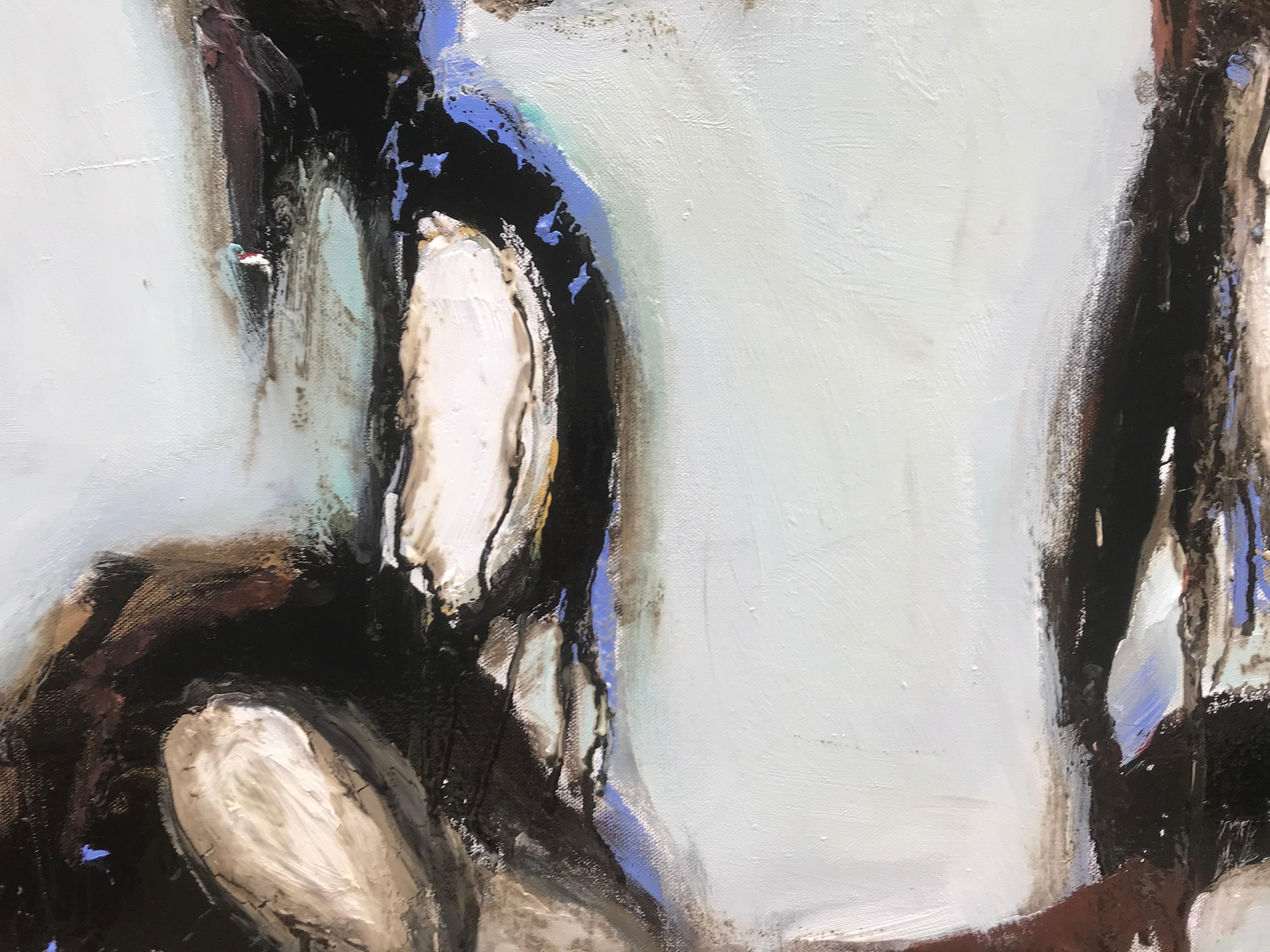 Ein großes und imposantes Gemälde aus der jüngsten Serie, in der Teer mit Öl und Acryl kombiniert wird, ein Gemälde, das eine begrenzte Palette mit starker Wirkung einsetzt. Hier gibt es Anklänge an Robert Motherwell, aber mit einer raueren,