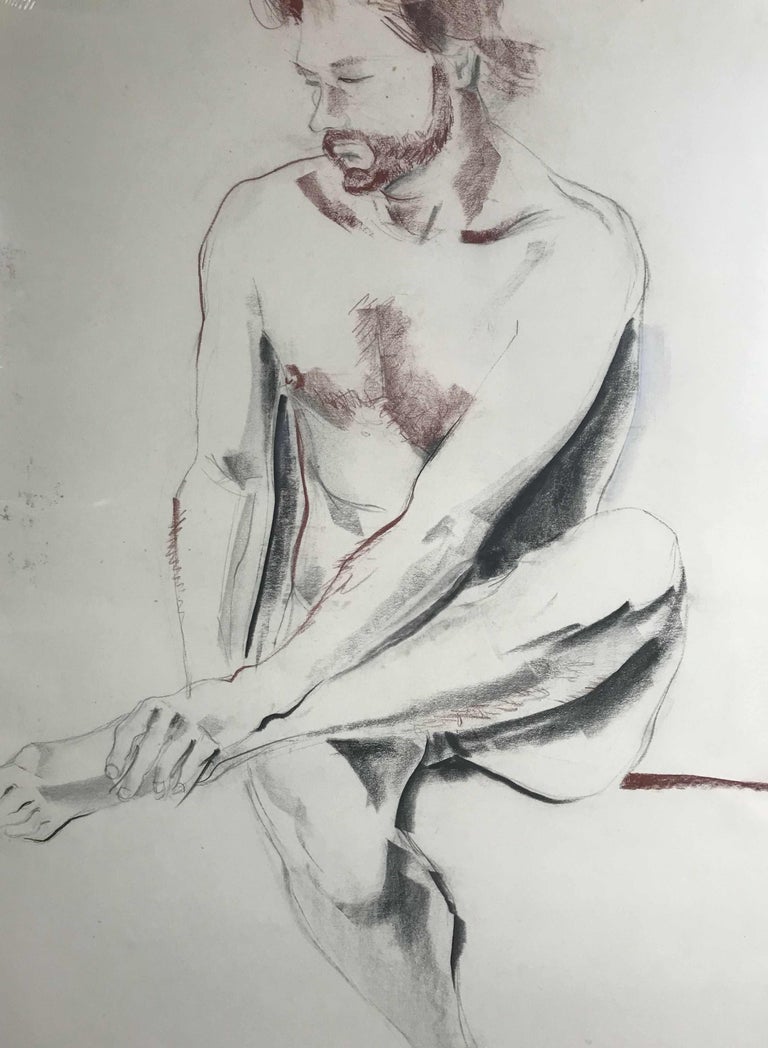 Kittie O'Meallie Nude Painting - "Large Seated Male Nude" - Modern Pastel Portrait