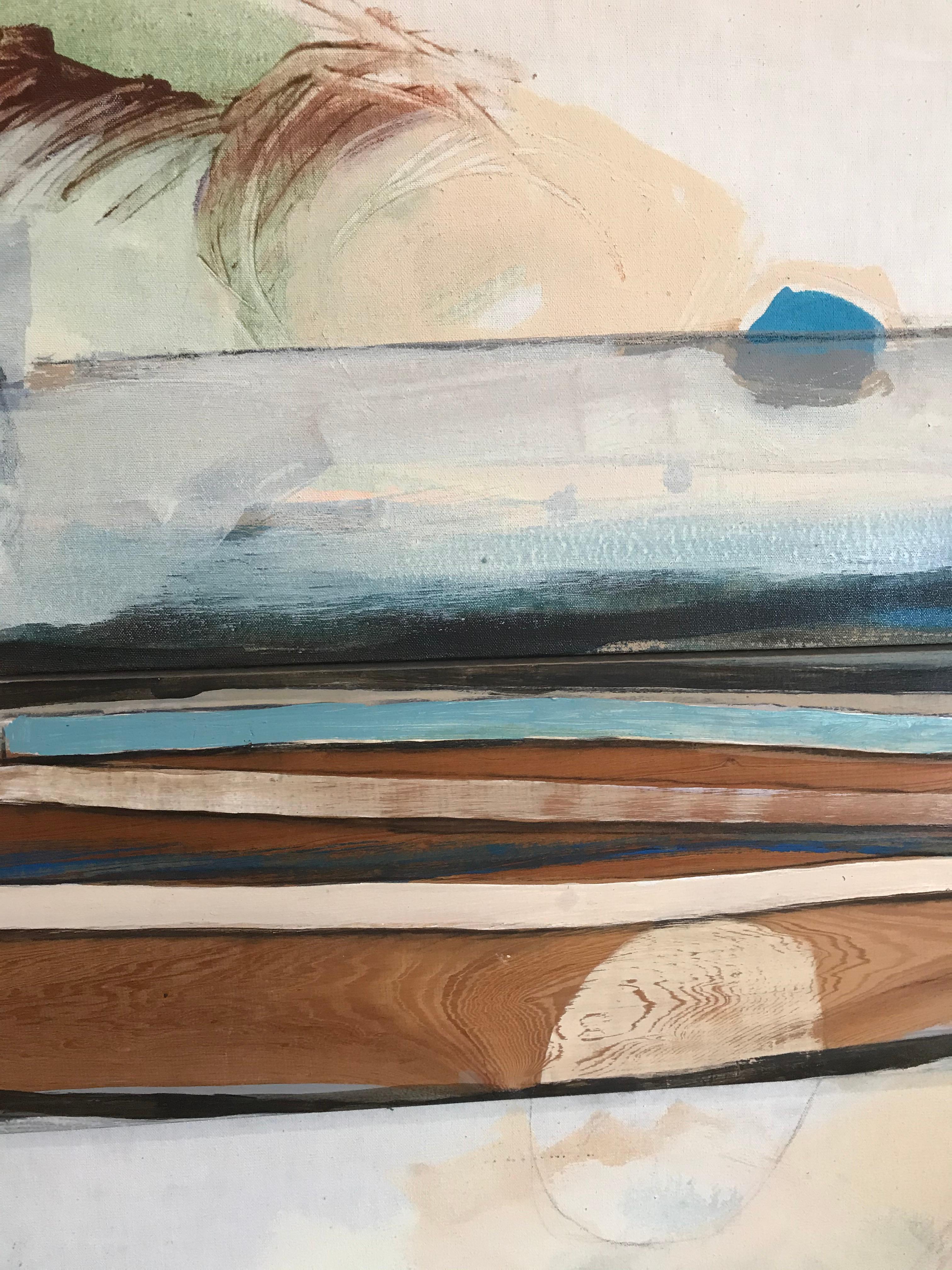 A large and striking work by contemporary artist Janeth Murray McKendrick, incorporating a plank of wood into the overall composition. This plank extends to both sides, giving the piece an extraordinary dimensional quality.  Sure-handed marks,