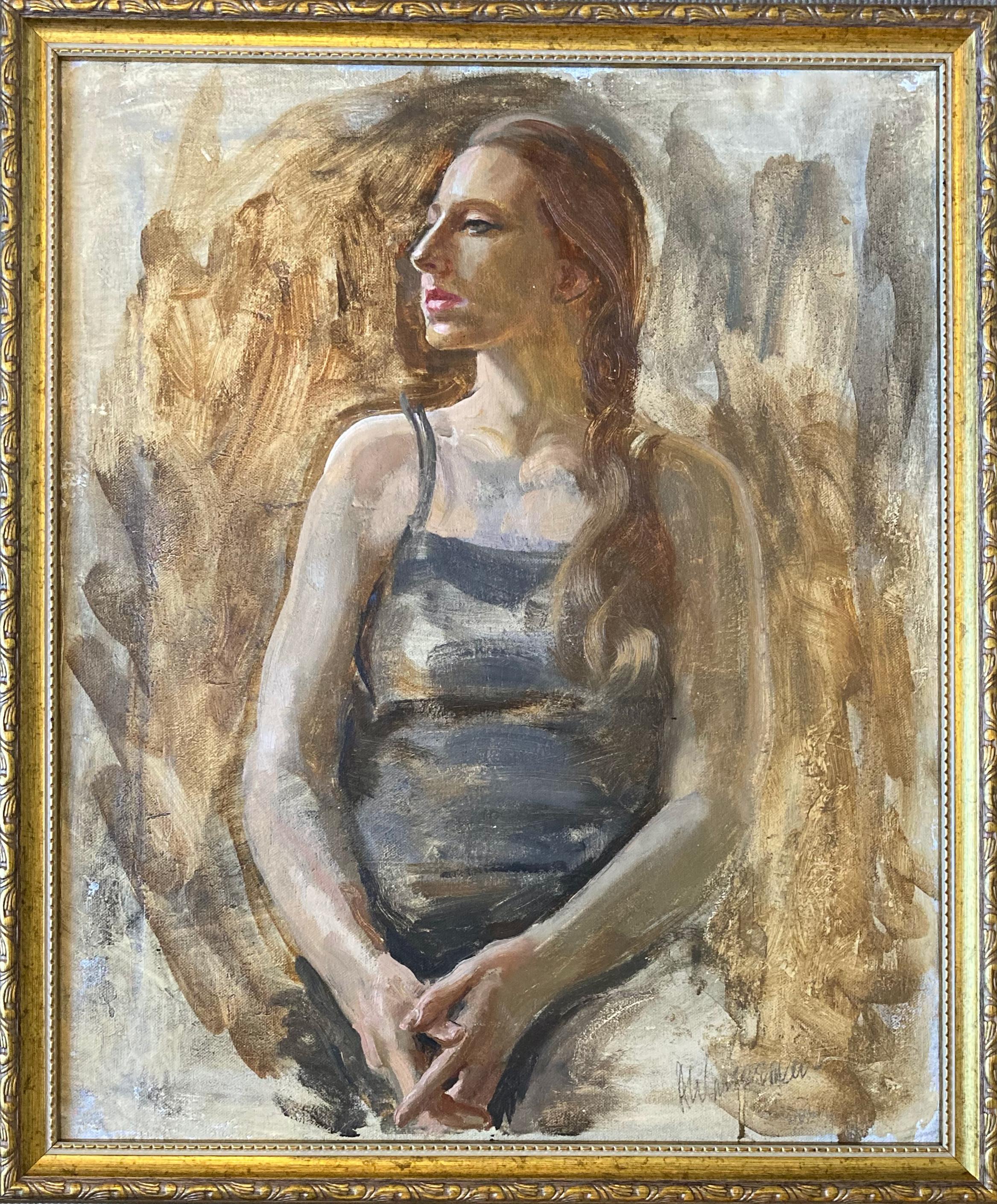 Albert Wasserman Figurative Painting - "Emma" - Modern Framed Woman Portrait Painting