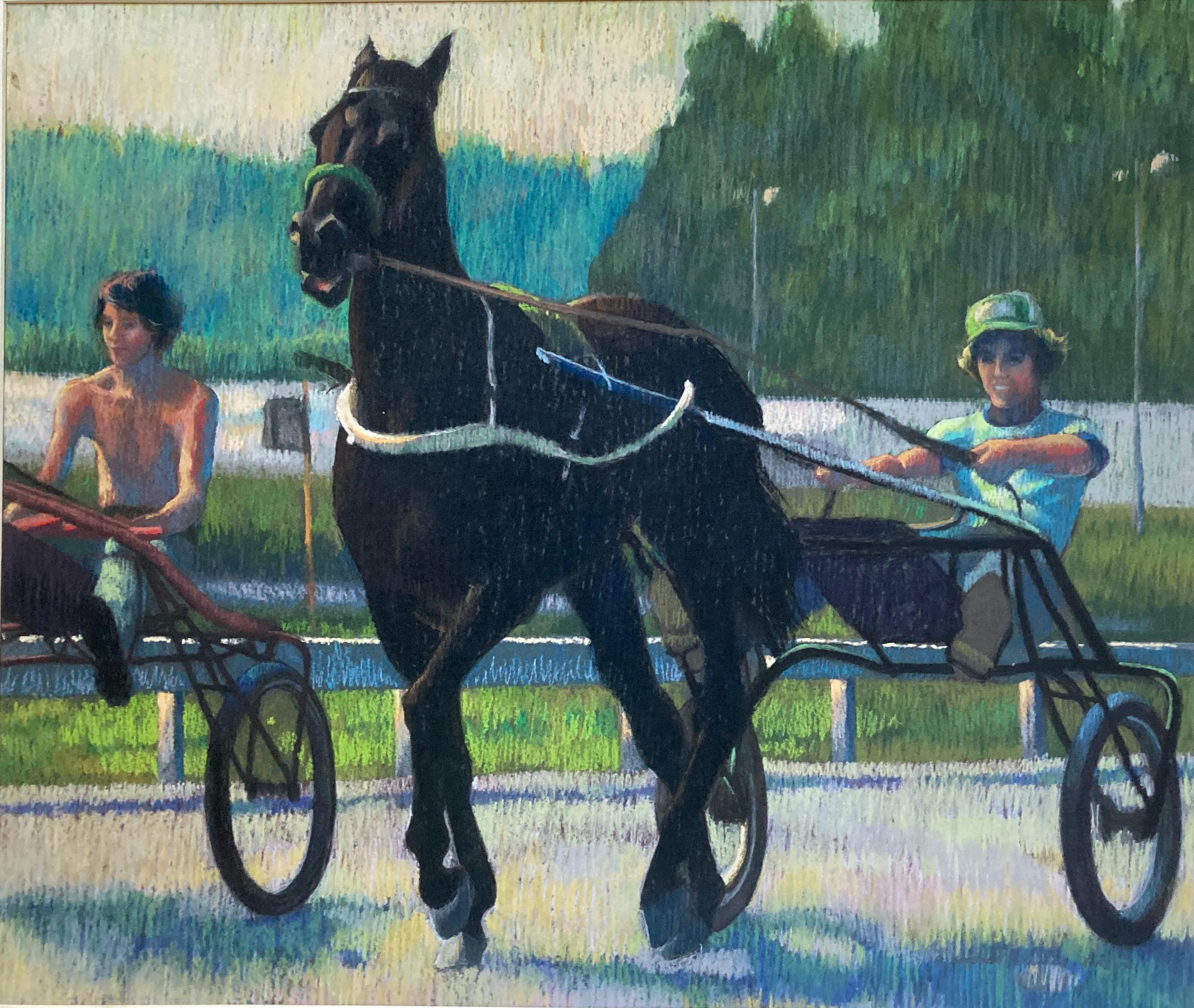 Barbara Geldermann Hails Figurative Painting - "Glorious Morning" - Framed Modern Horse Racer Pastel Painting