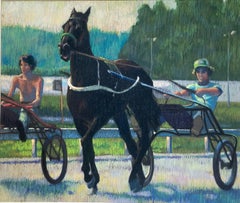 barbara hails artist "Glorious Morning" - Framed Modern Horse Racer Pastel Painting