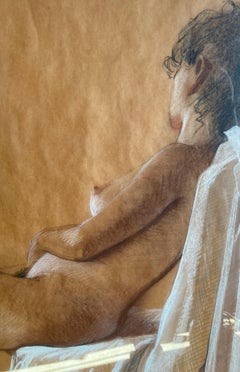 "Seated Nude" - Large Modern Framed Pastel Woman Portrait Painting