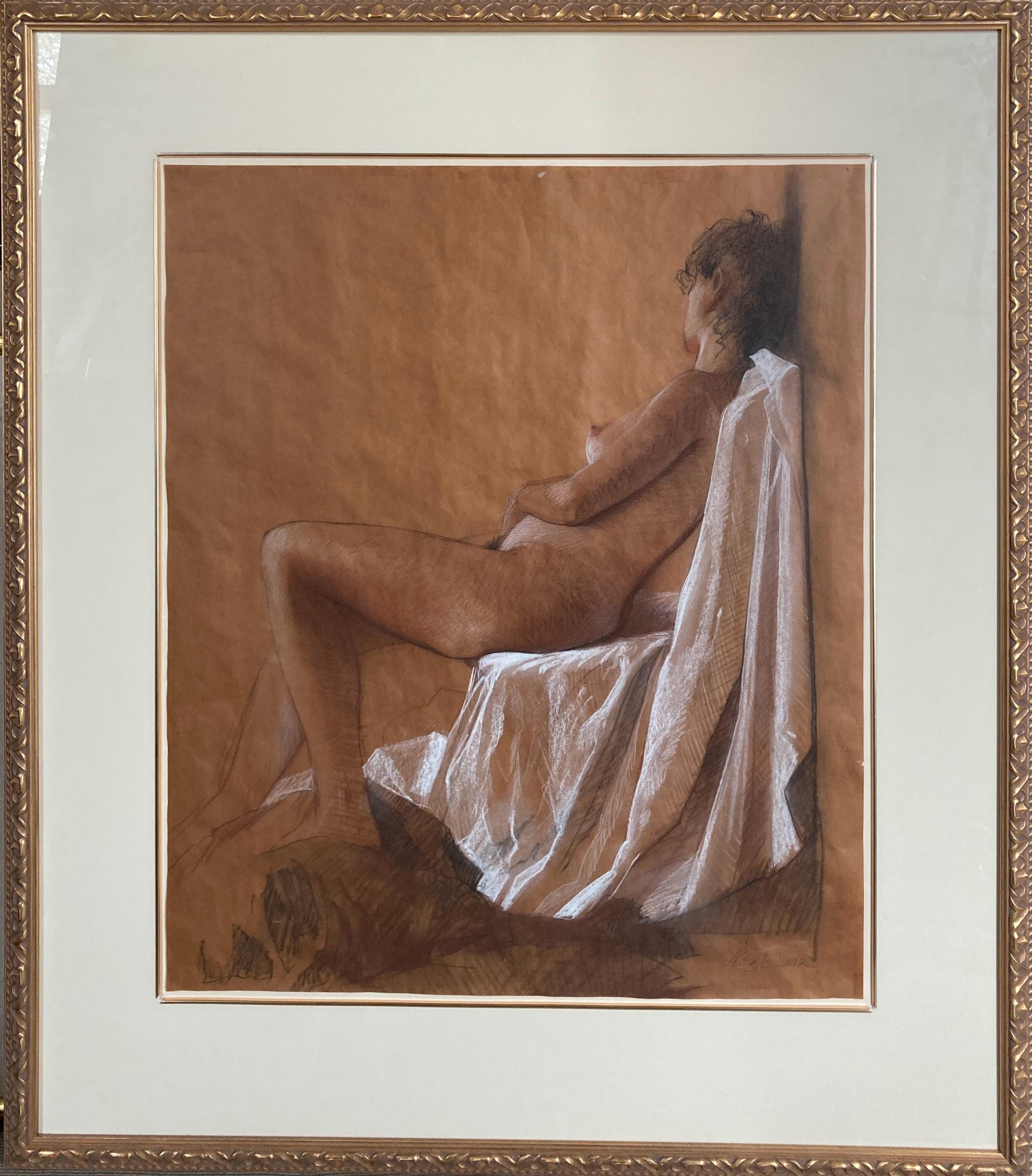 Auseklis Ozols Figurative Painting - "Seated Nude" - Large Modern Framed Pastel Woman Portrait Painting