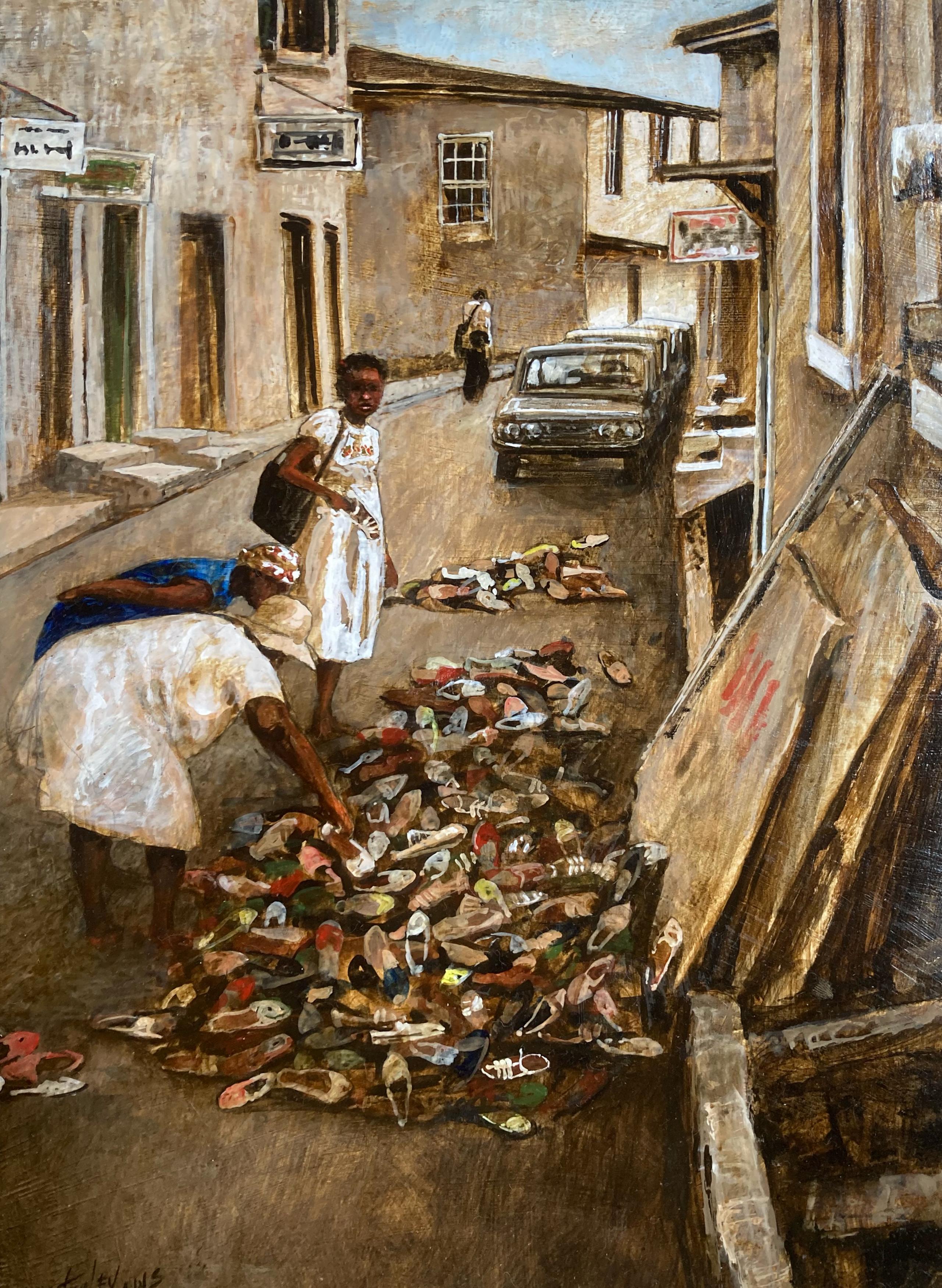 Donny Finley Figurative Painting - "Shoes" - Late 20th Century City Figure Painting