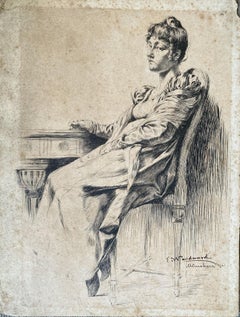 Seated Young Lady (by leader of "Southern Art Renaissance") - Antique Drawing