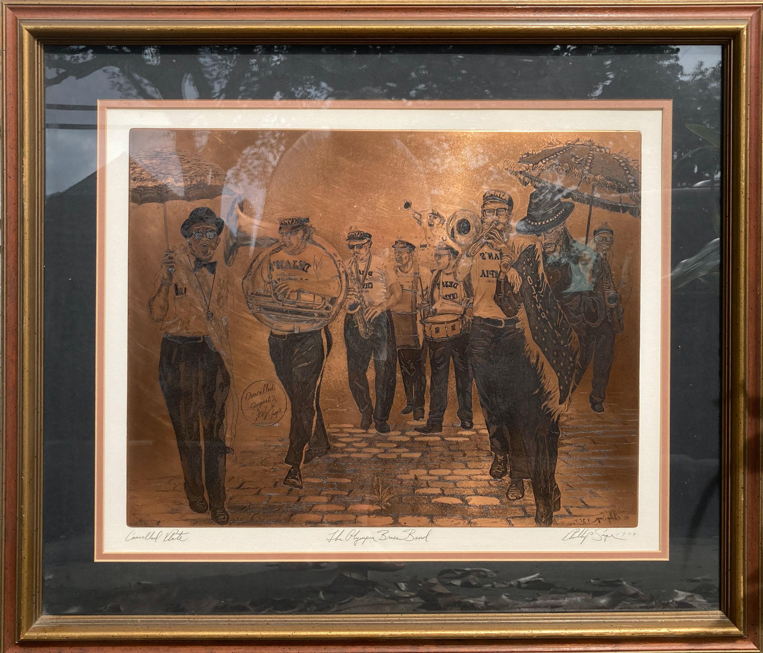 "Olympia Brass Band" - Framed Late 20th Century New Orleans Engraving Plate - Mixed Media Art by Philip Sage
