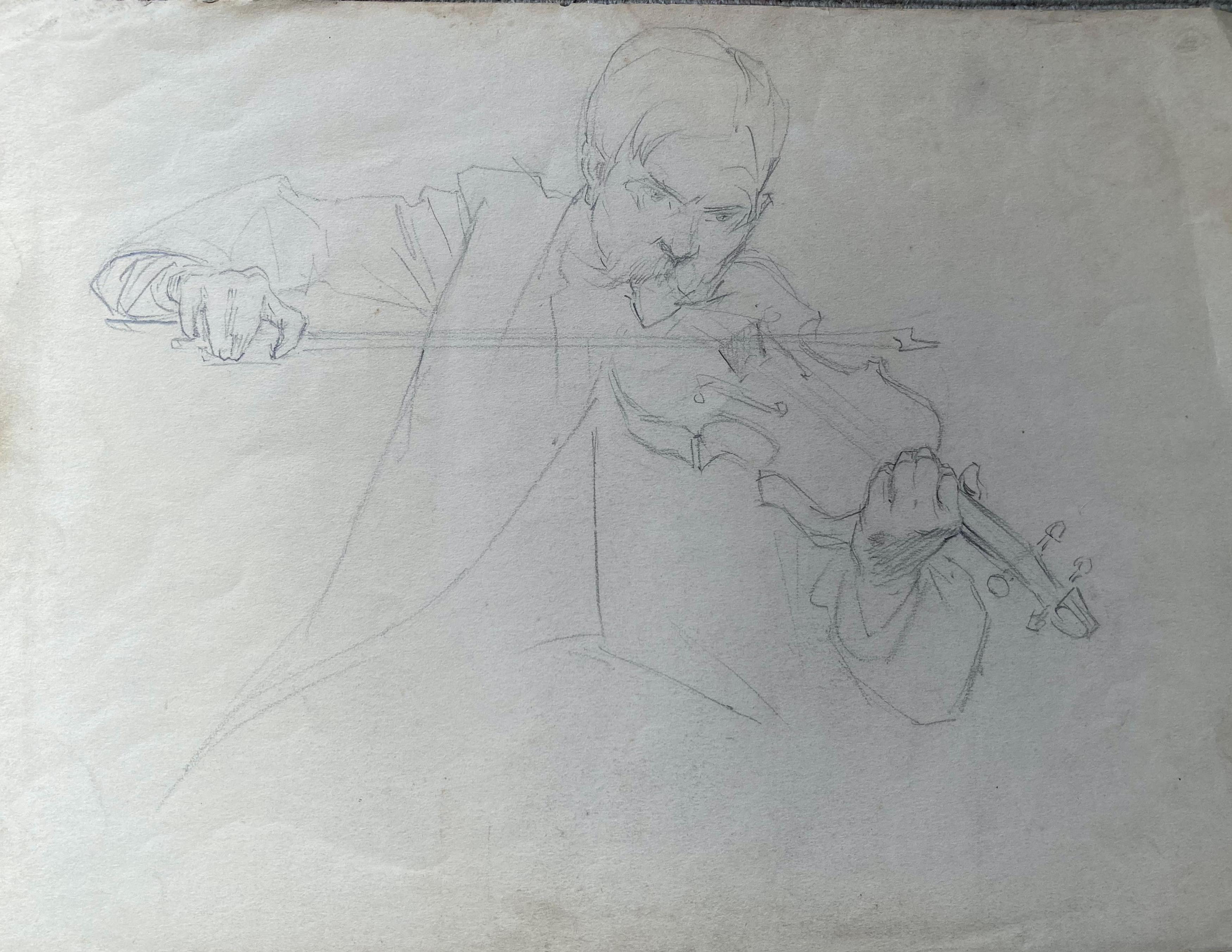 Il violinista (Antico disegno figurativo in grafite di Ellsworth Woodward) in vendita 2