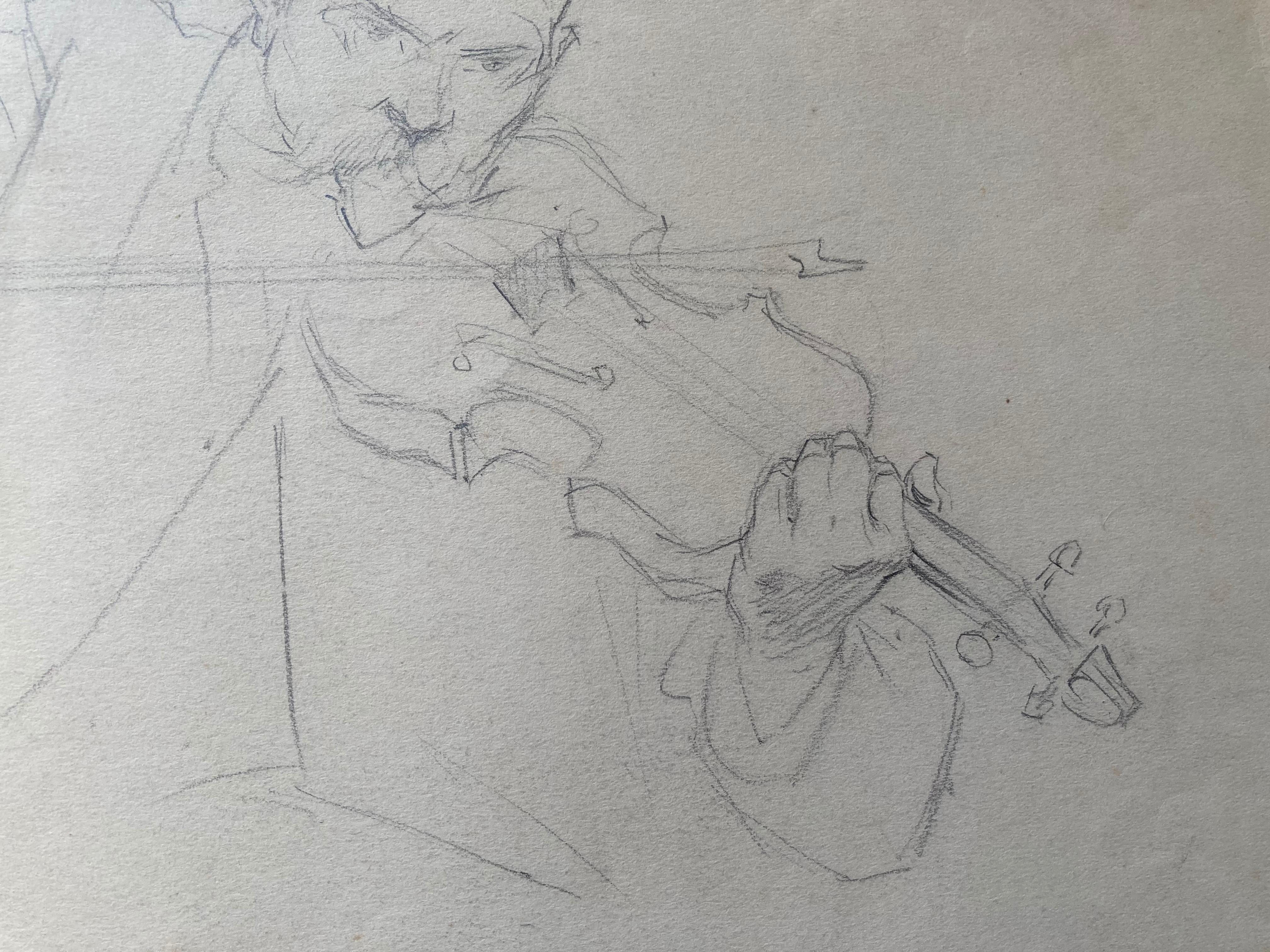 The Violinist (Antique Ellsworth Woodward Figurative Graphite Sketch Drawing)