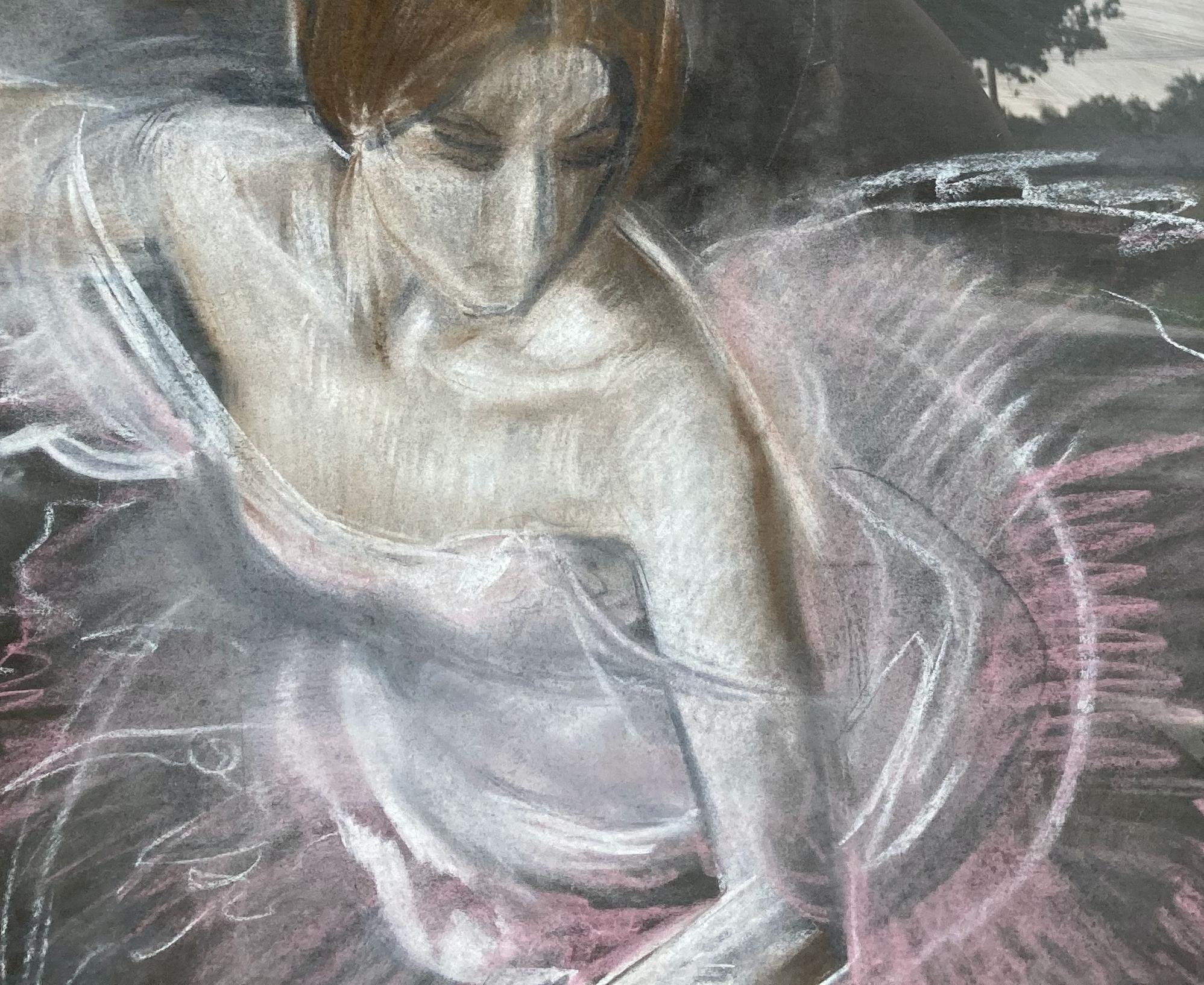 "Ballet Dancer, Rose Variation" - Large Modern Framed Pastel Portrait