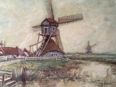 "Escena holandesa con molinos de viento" - Paisaje en acuarela enmarcado de principios del siglo XX
