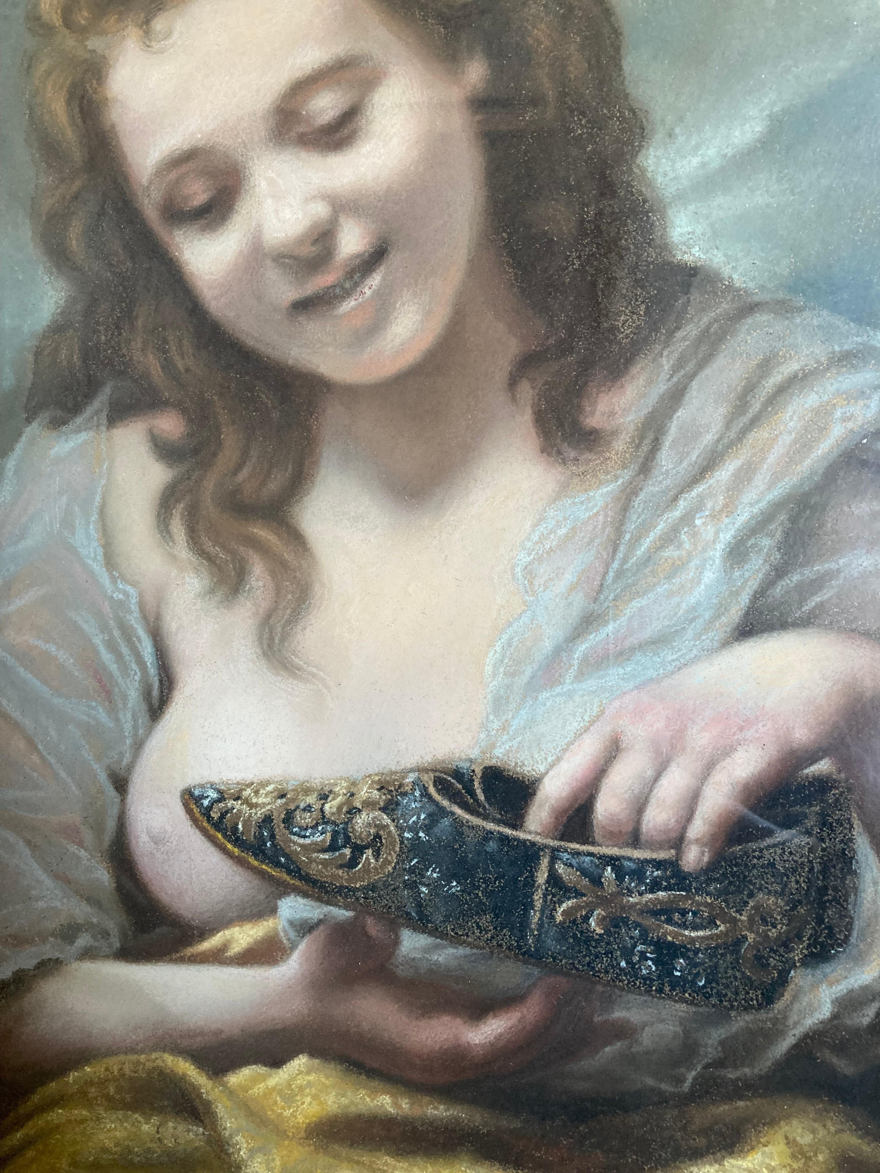 « Jeune femme avec des chaussures en soie » - Peinture de portrait ancien encadrée du 19ème siècle - Art de A. Stiveux