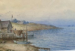 "Cottage by the Sea" - Framed 19th-Century Antique Watercolor Seascape Painting