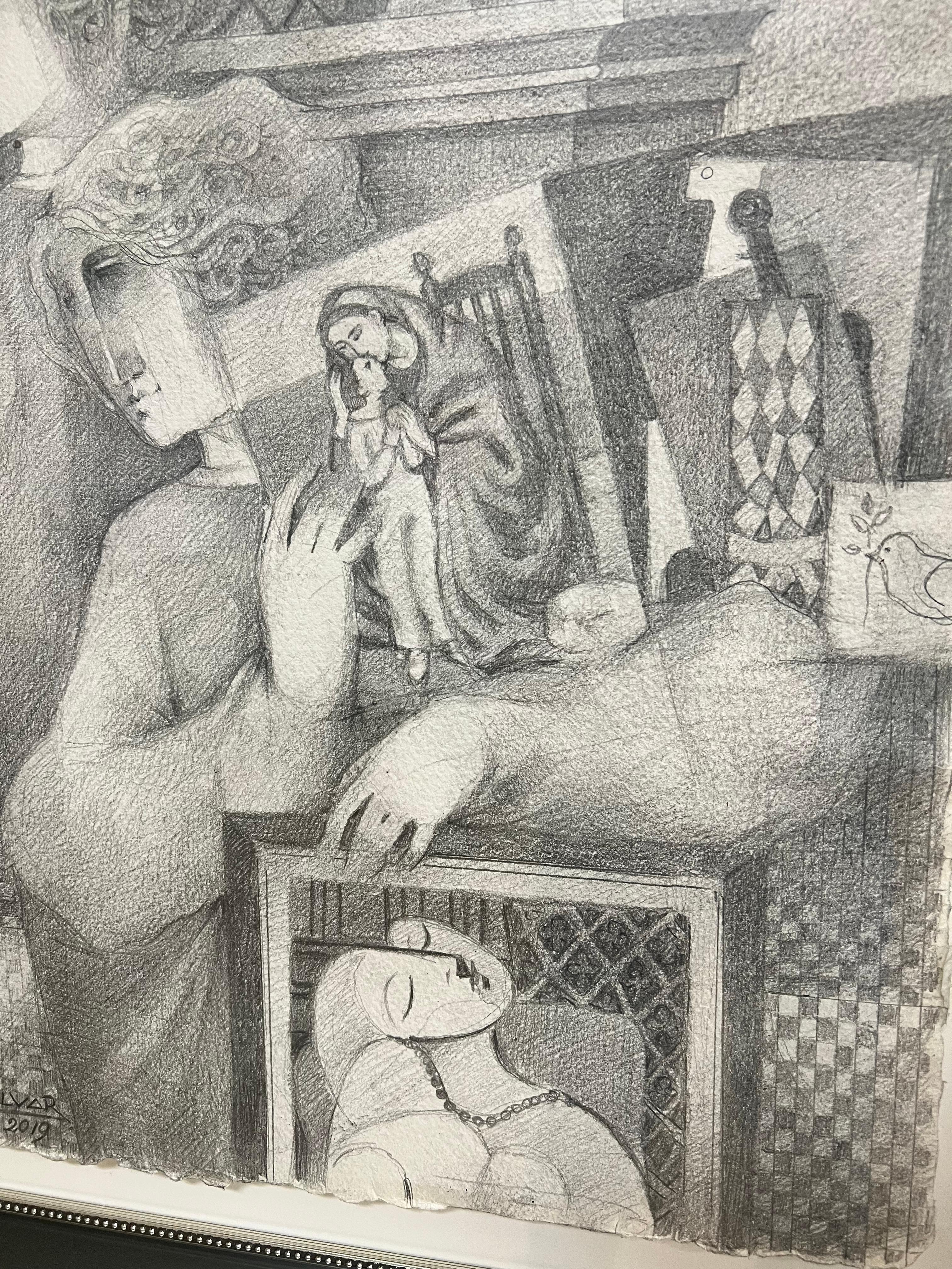 This graphite drawing on paper is in excellent condition and and has only been shown in a gallery setting. The size dimensions do not include the frame.  

Alvar pays homage to two of his favorite artists in De Piero a Picasso. Early Renaissance