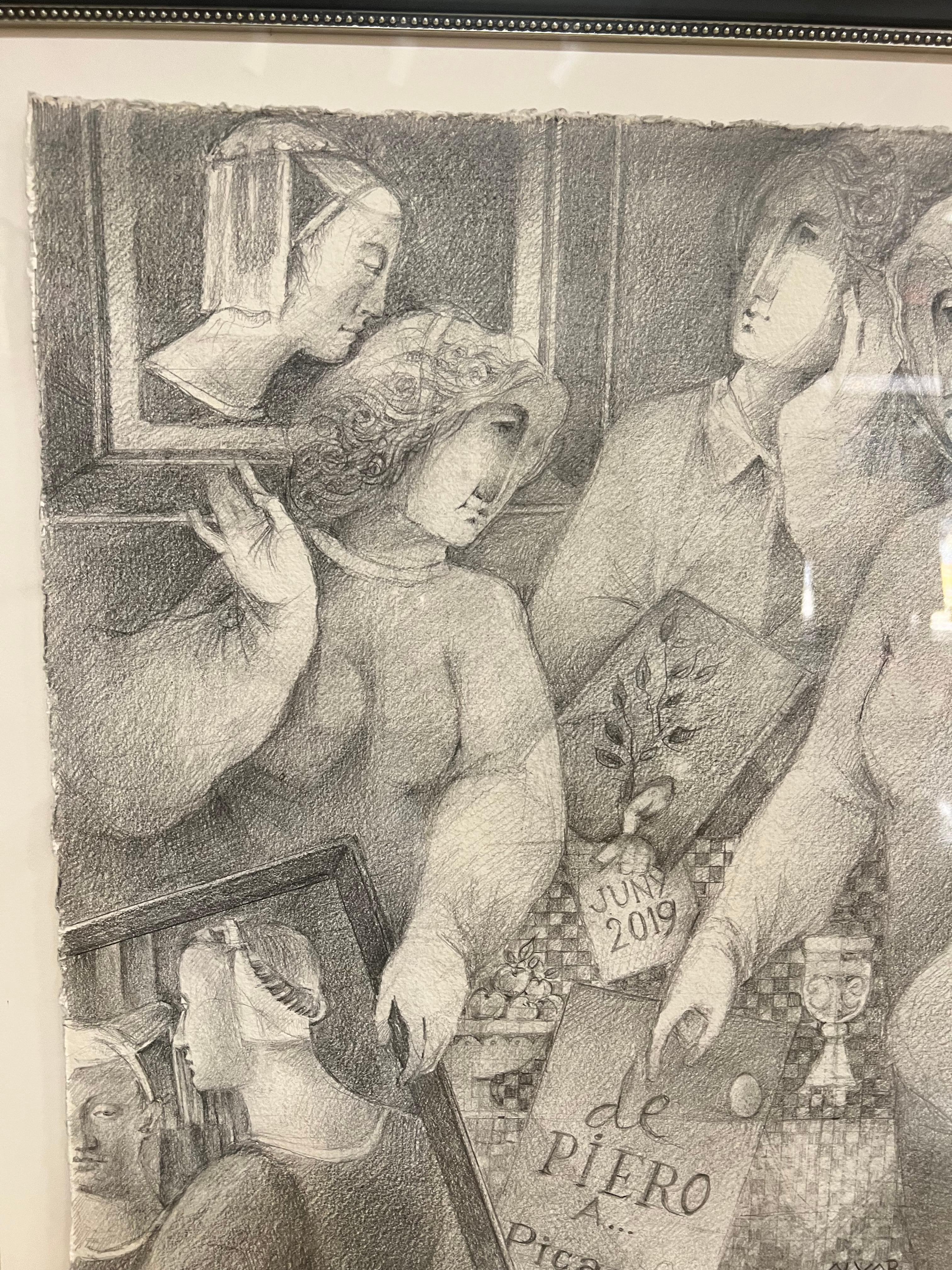 This graphite drawing on paper is in excellent condition and and has only been shown in a gallery setting. The size dimensions do not include the frame.  

Alvar pays homage to two of his favorite artists in De Piero a Picasso. Early Renaissance