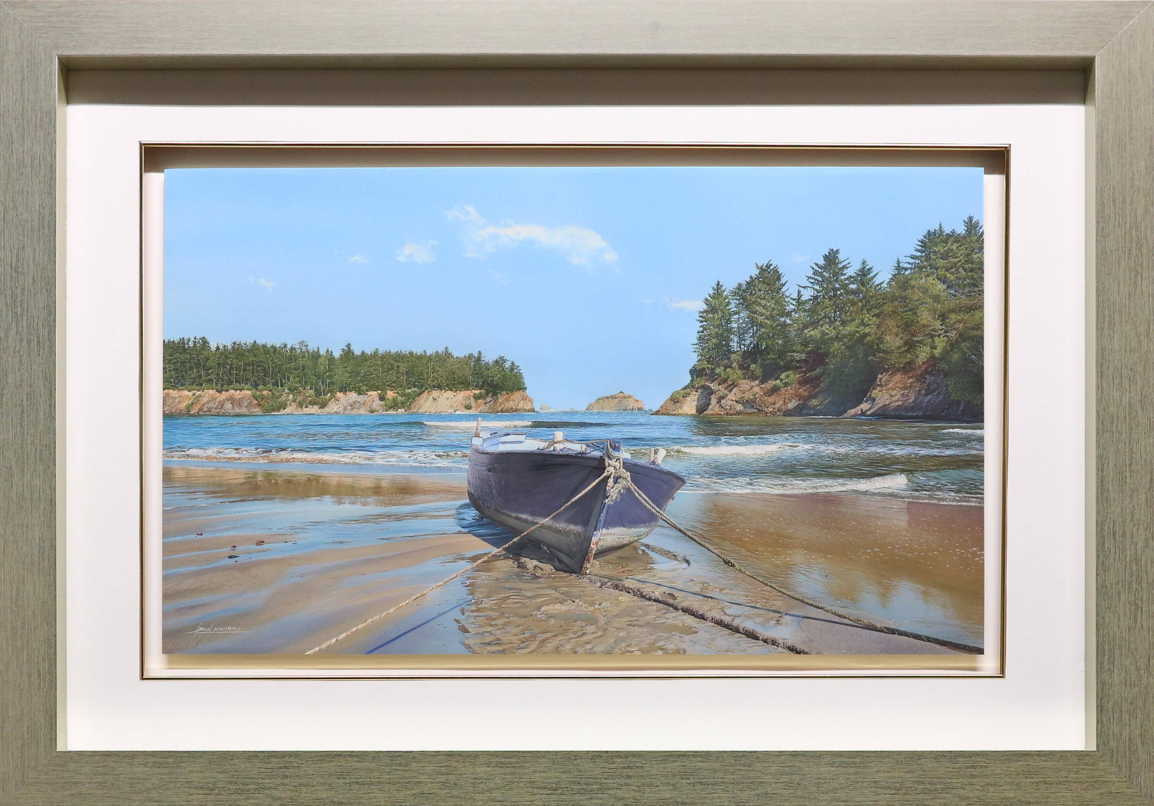 Landscape Art di Iban Navarro - "Pulled to Shore": acquerello fotorealistico su carta, incorniciato