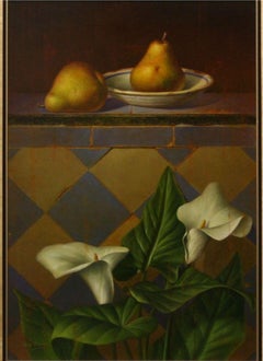 "Still Life with White Lilies and Two Pears" by Leon Olmo 21 x 15 inches