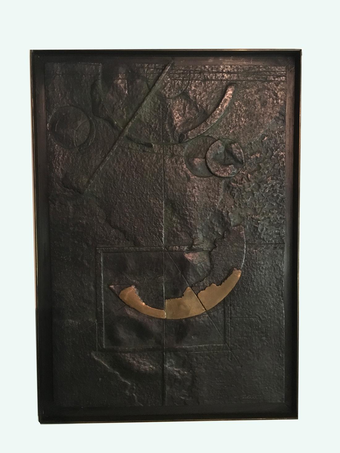 Sun City by Italian Walter Valentini Abstract Patinated Cast Bronze Panel 1985