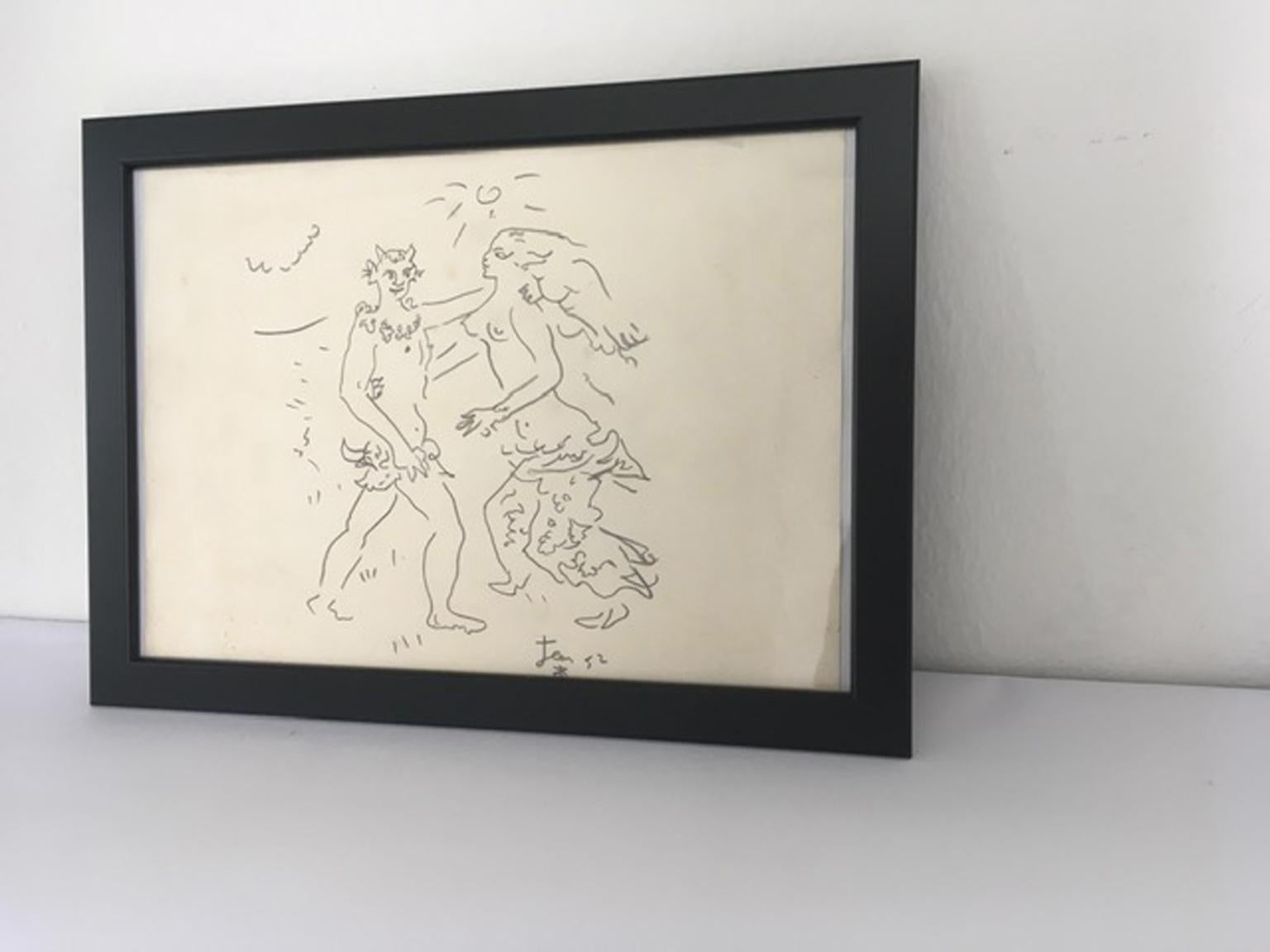 1980 Fauno e Ninfa Faun and Nymph Pencil on Paper Figurative Drawing - Academic Art by Jean 52 