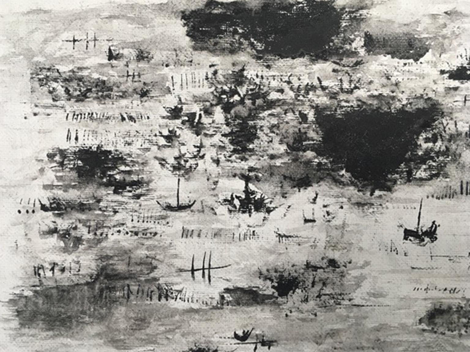 Paisajes flamencos, 2015 Acrílico sobre lienzo Blanco y negro - Abstract Painting Gris de Chris Marlowe