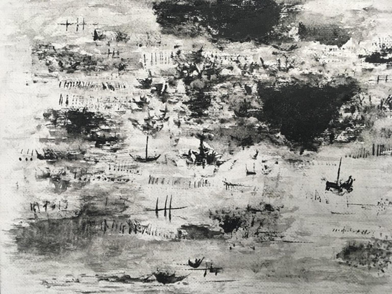 Paisajes flamencos, 2015 Acrílico sobre lienzo Blanco y negro - Painting Impresionista abstracto de Chris Marlowe