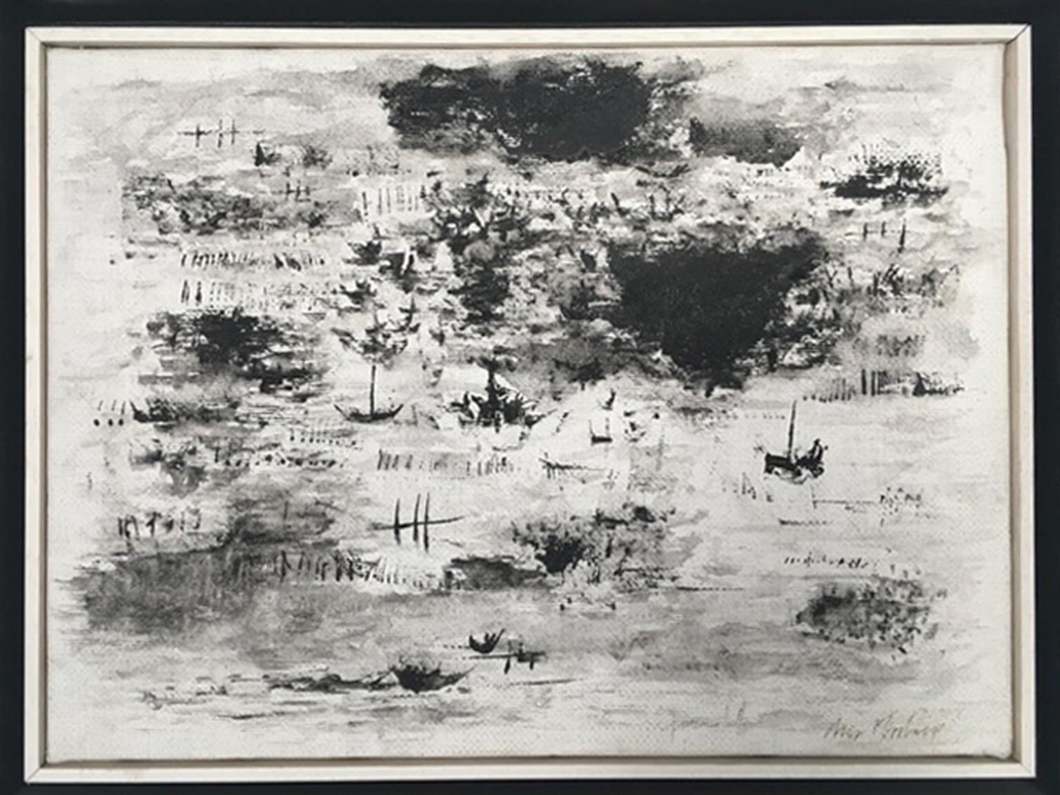 This abstract painting in black and white, seems to take a photo of the flemish landscape during a snowing winter day. We can feel the sense of slow rithms of life, a sense of tranquillity, borning from the vision of the delicate figures of the