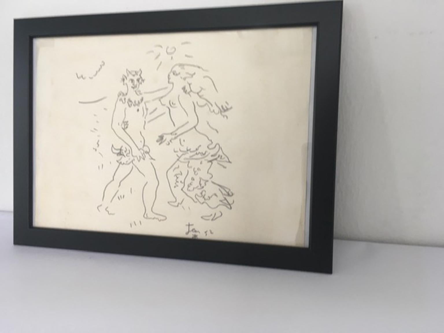 This delicate drawing of the dance between a Faun and the Nimph, looks following the Jean Cocteau clean line drawings.
We can see in this scene,  the grace and simplicity of the Neoclassical fantastic world.