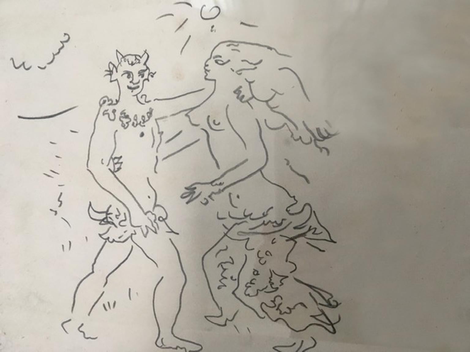 1980 Fauno e Ninfa Faun and Nymph Pencil on Paper Figurative Drawing - Art by Jean 52 