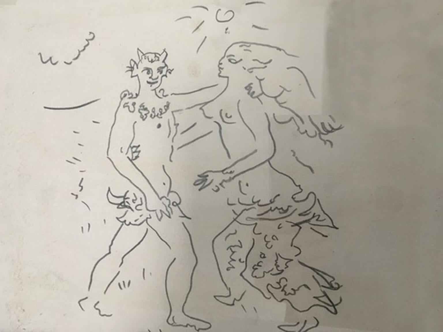 1980 Fauno e Ninfa Faun und Nymphe Bleistift auf Papier Figurative Zeichnung (Akademisch), Art, von Jean 52 