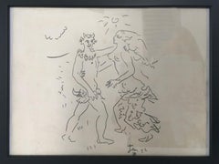 Crayon sur papier figuratif faune et nymphes Fauno e Ninfa, 1980
