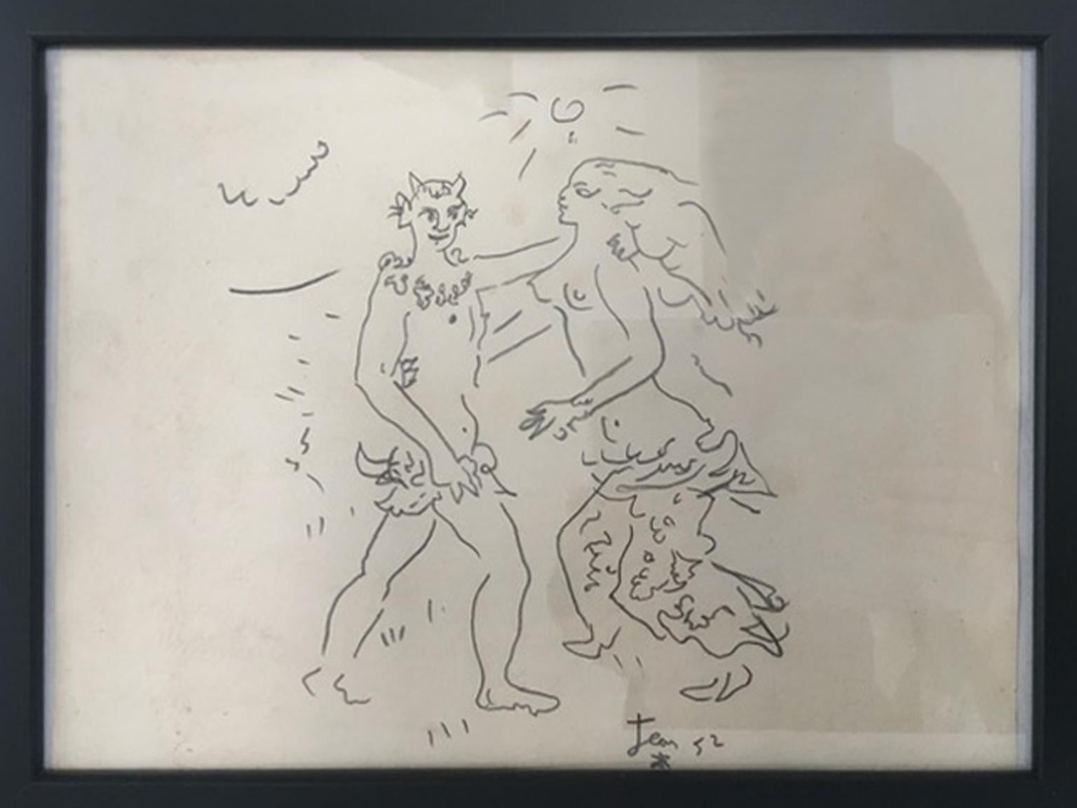 1980 Fauno e Ninfa Faun und Nymphe Bleistift auf Papier Figurative Zeichnung (Grau), Nude, von Jean 52 