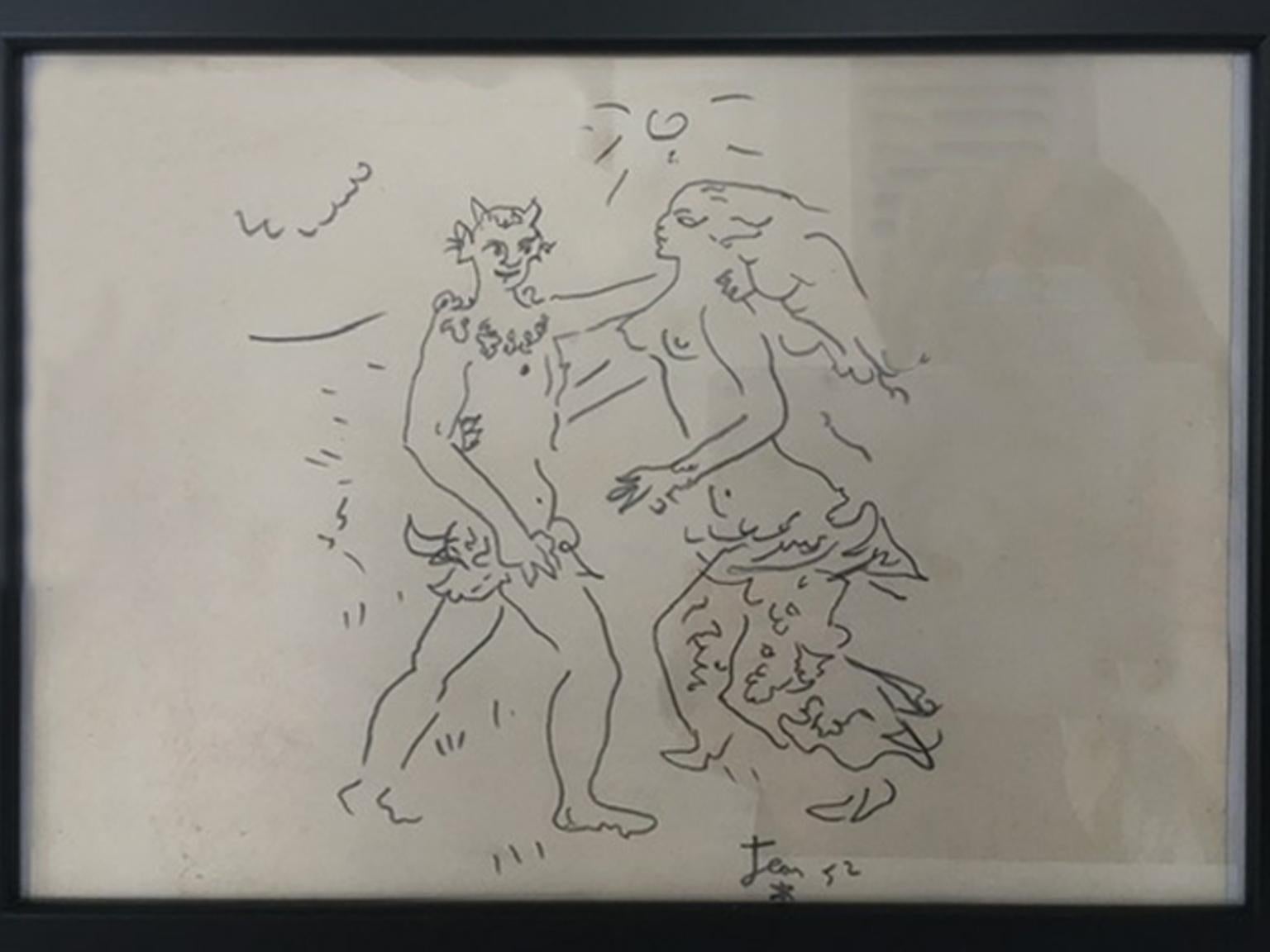 Diese zarte Zeichnung des Tanzes zwischen einem Faun und der Nimph, sieht aus wie die klaren Linienzeichnungen von Jean Cocteau.
Das können wir in dieser Szene sehen,  die Anmut und Einfachheit der neoklassischen Fantasiewelt.