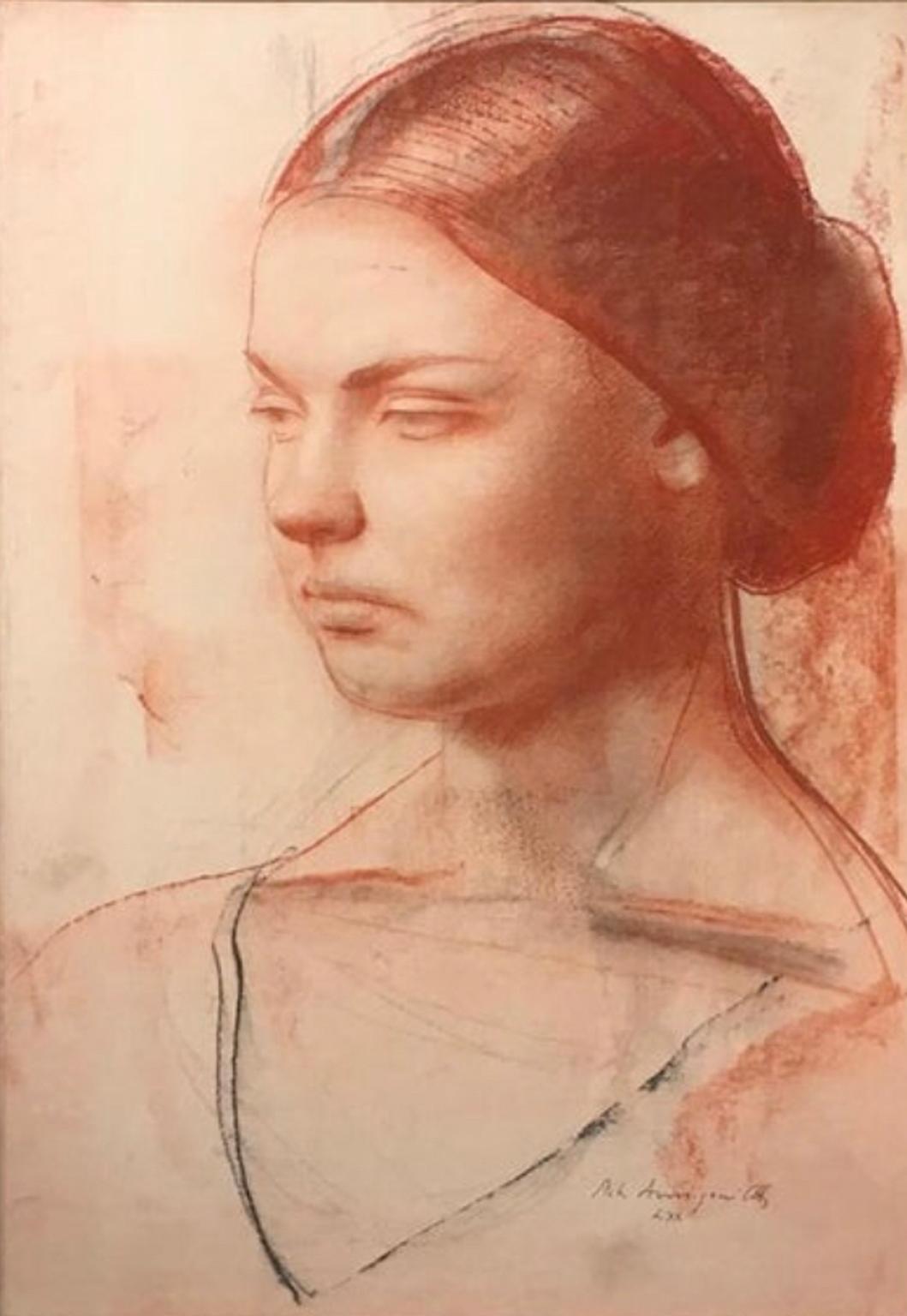 Annigoni Pietro Portrait - 'Young lady' on Paper by Pietro Annigoni Painter of Queen Elisabeth 1970 
