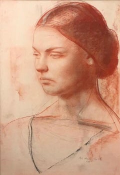 'Young lady' by Pietro Annigoni Red Pastel Woman Portrait on Paper 1970