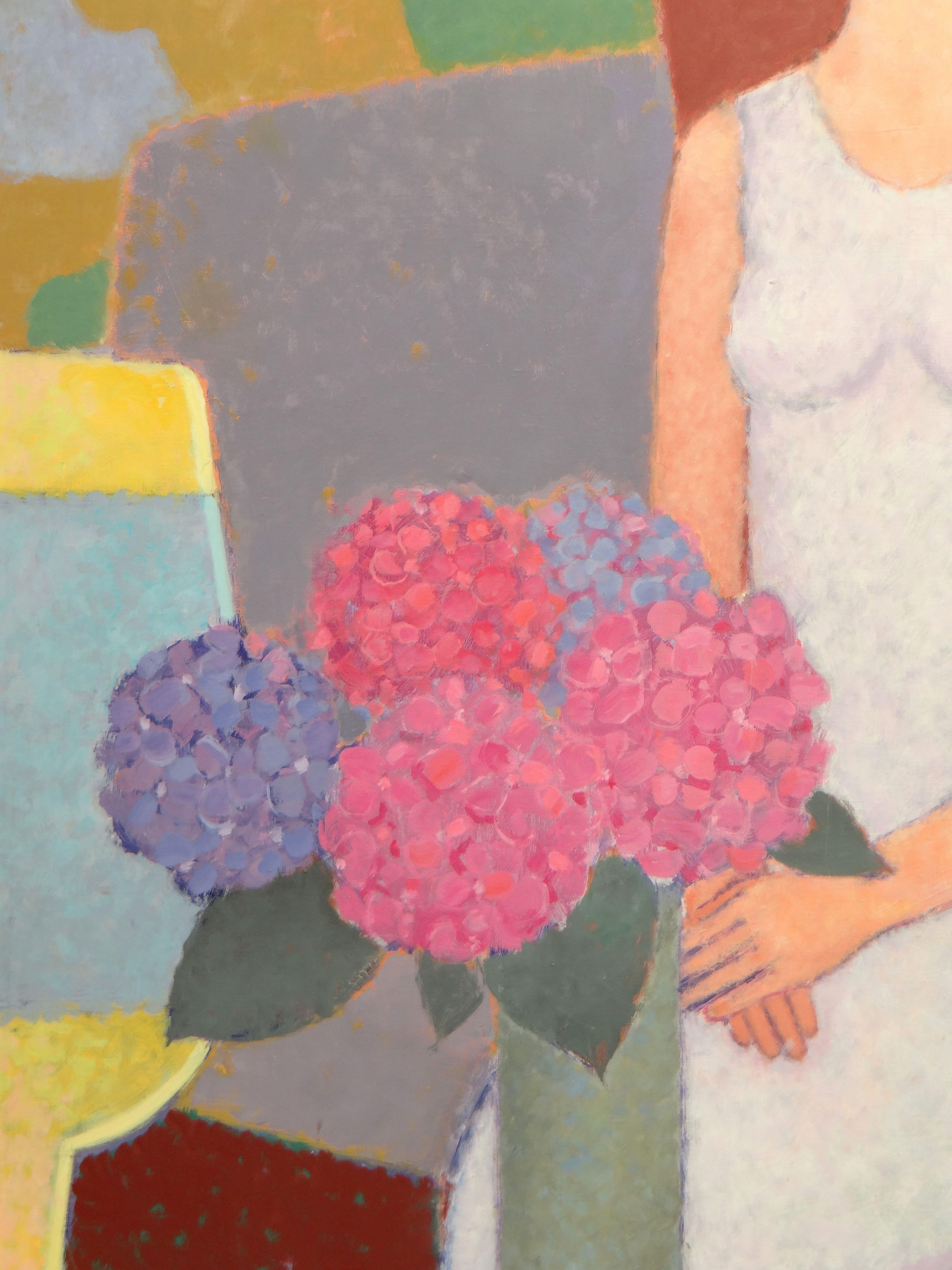 Kimiyo MASUDA, Peinture - Jeunes femmes avec un bouquet de fleurs, 1988 en vente 5
