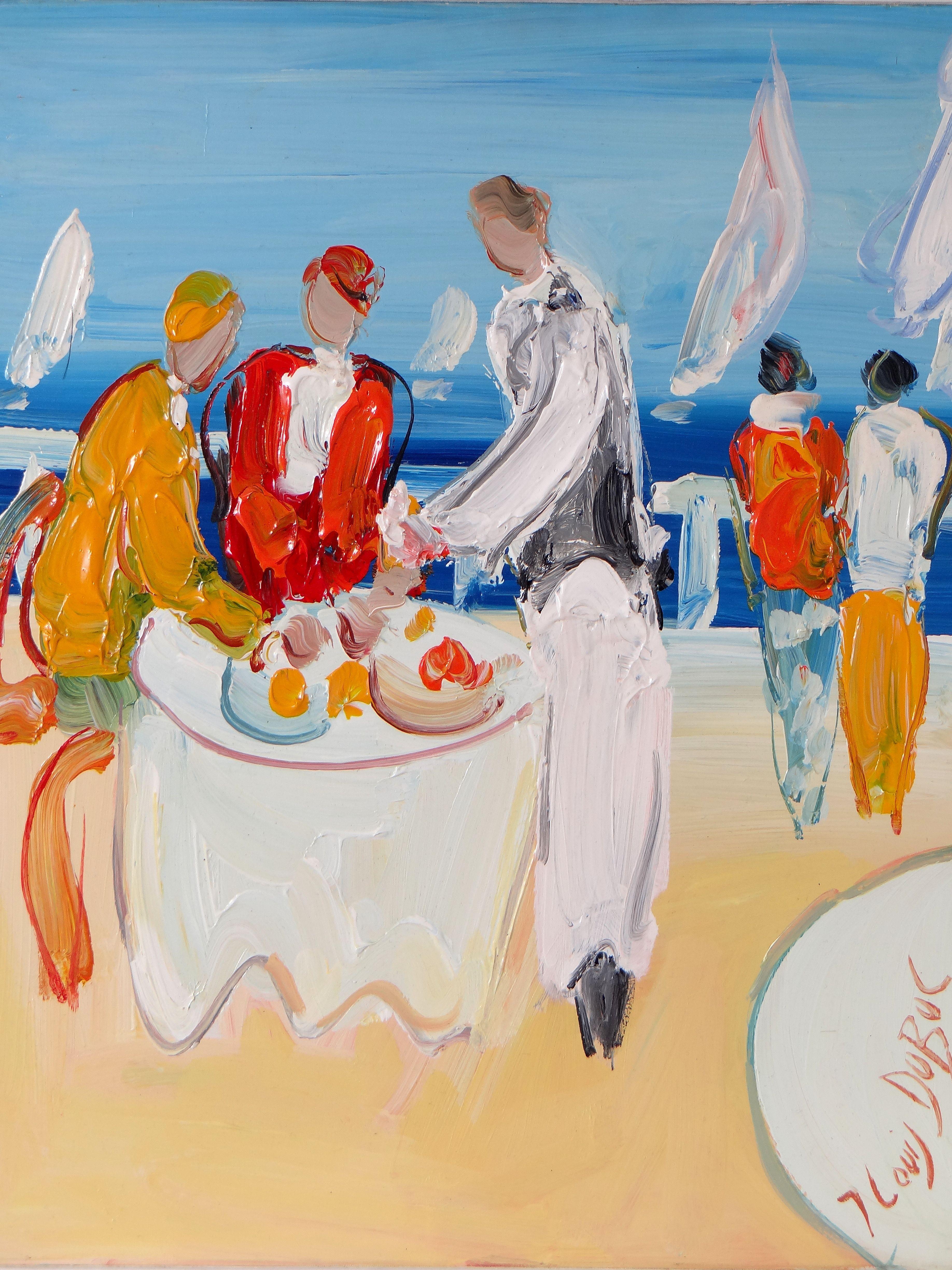Jean-Louis Dubuc Figurative Painting -  Jean-Louis DUBUC, painting "Lunch in Cannes", 1980s.