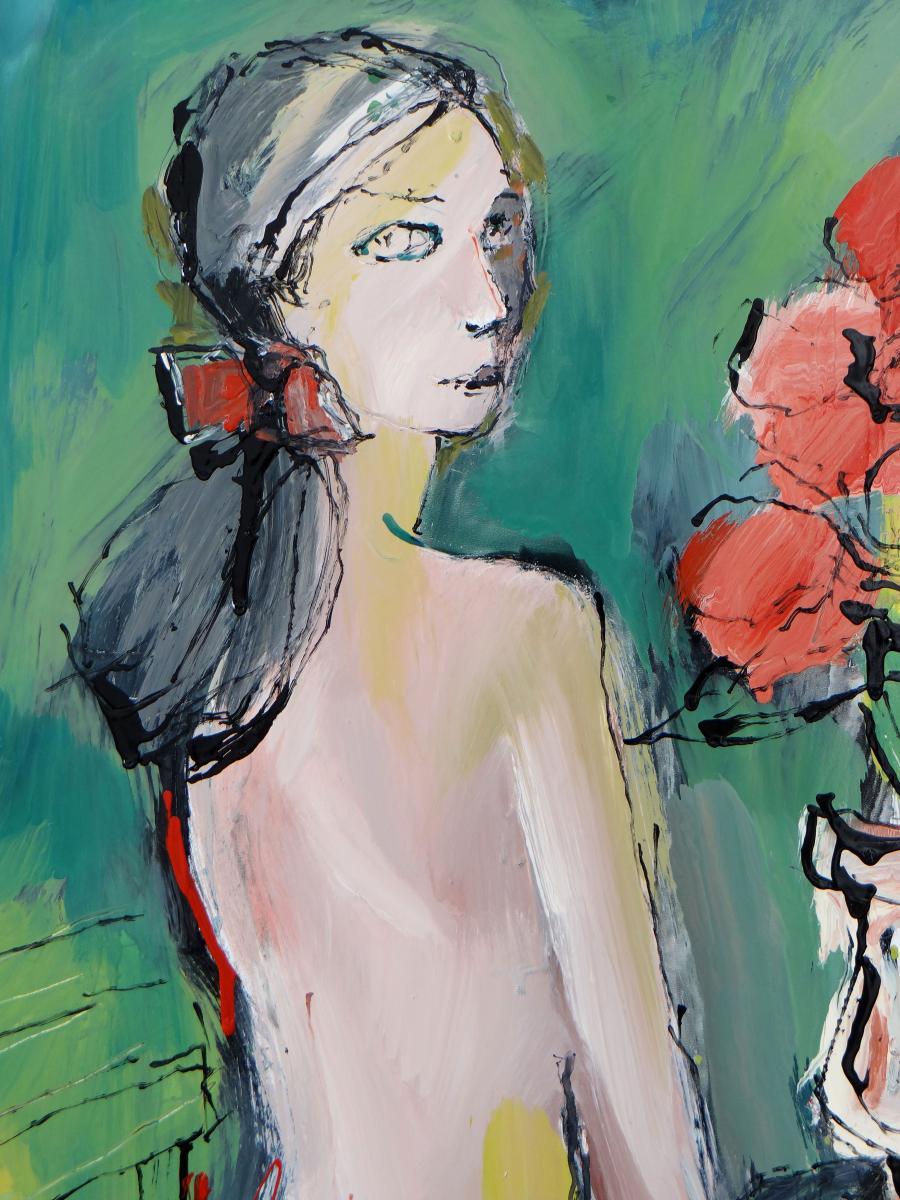BONAMICI Mario Portrait Painting - Mario BONAMICI, Painting "The Model with the Vase of Flowers", 1980