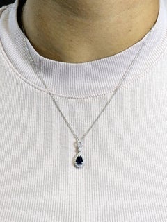 AA Blue Ceylon Sapphire Pendant with Natural Diamonds: 14K Solid White Gold