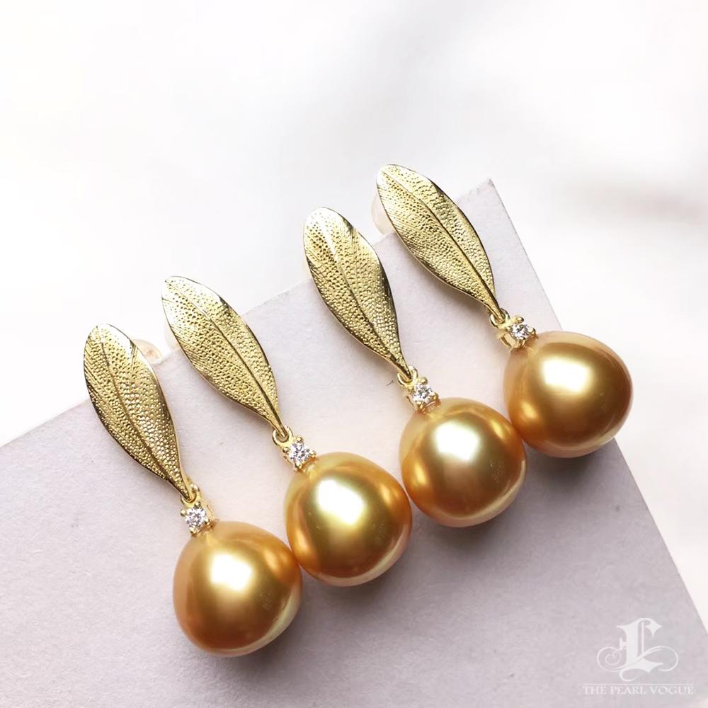 【Vine Symphony】Golden Leaf South Sea Pearls Drop Earrings In New Condition For Sale In New York, NY