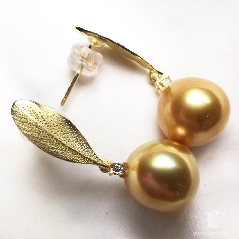 Women's 【Vine Symphony】Golden Leaf South Sea Pearls Drop Earrings For Sale