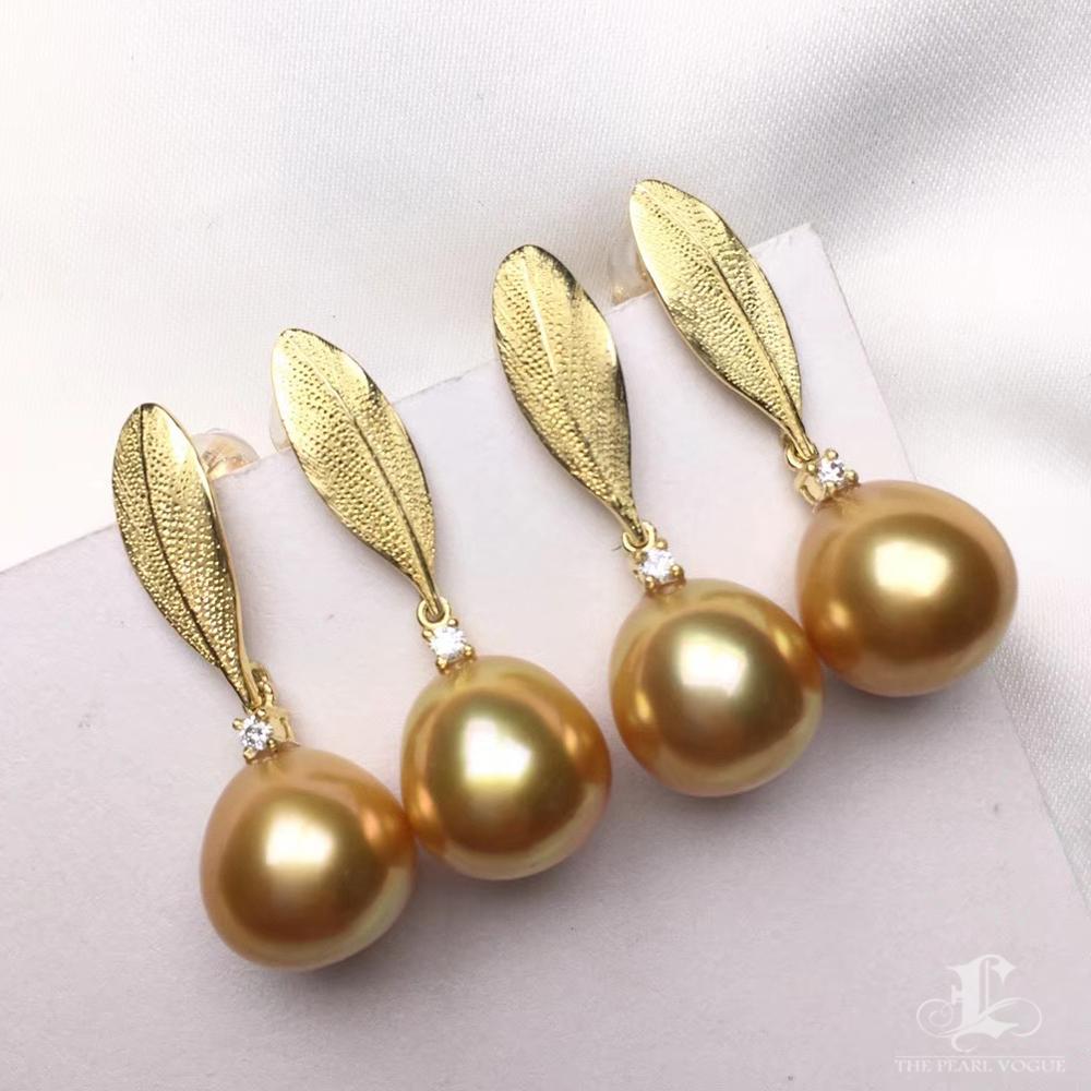【Vine Symphony】Golden Leaf South Sea Pearls Drop Earrings For Sale 3