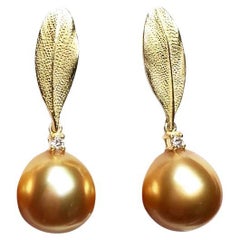 【Vine Symphony】Golden Leaf South Sea Pearls Drop Earrings