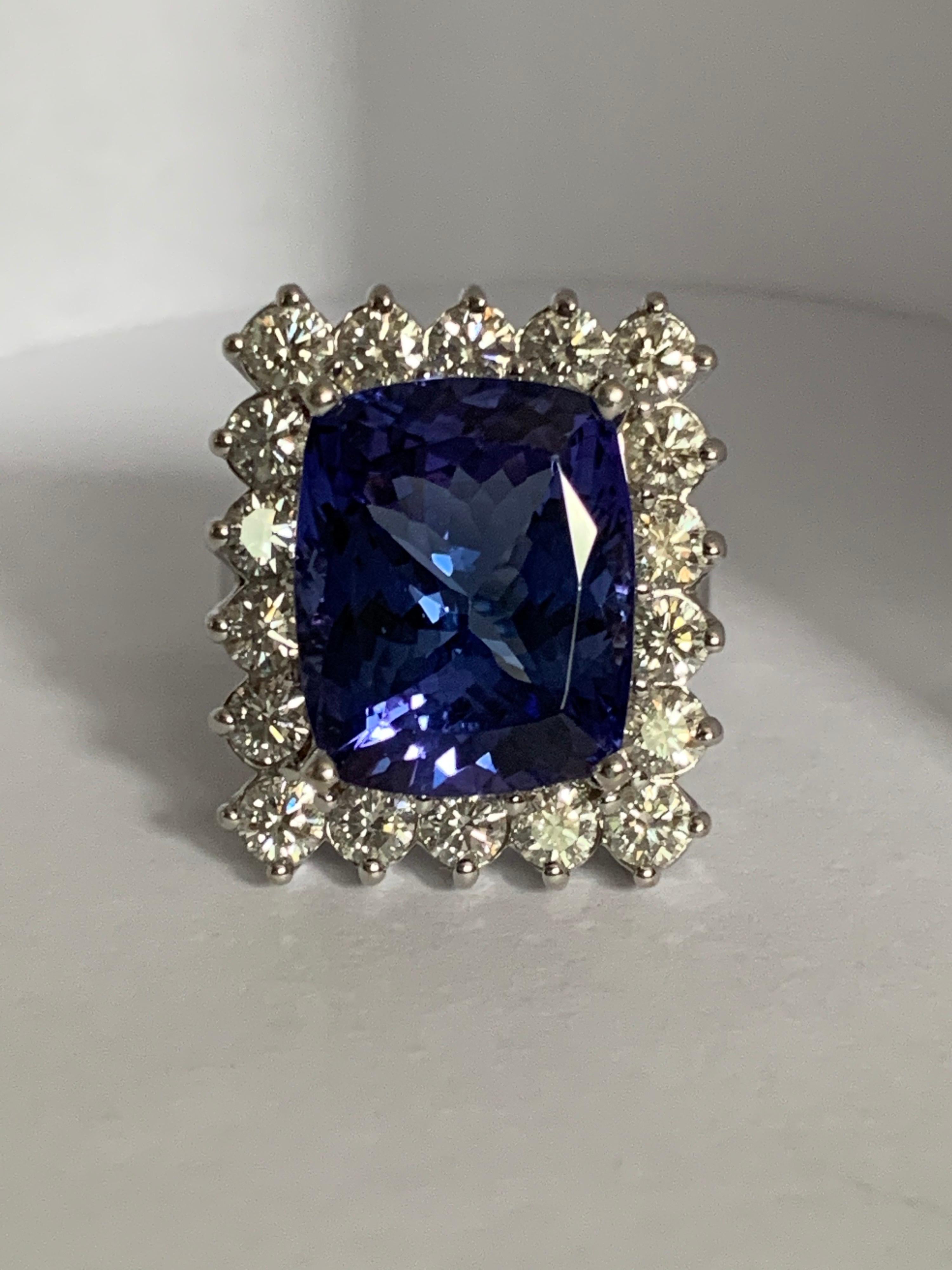 Cushion Cut AAA 10.35 Carat Tanzanite and Diamond Cocktail Ring For Sale
