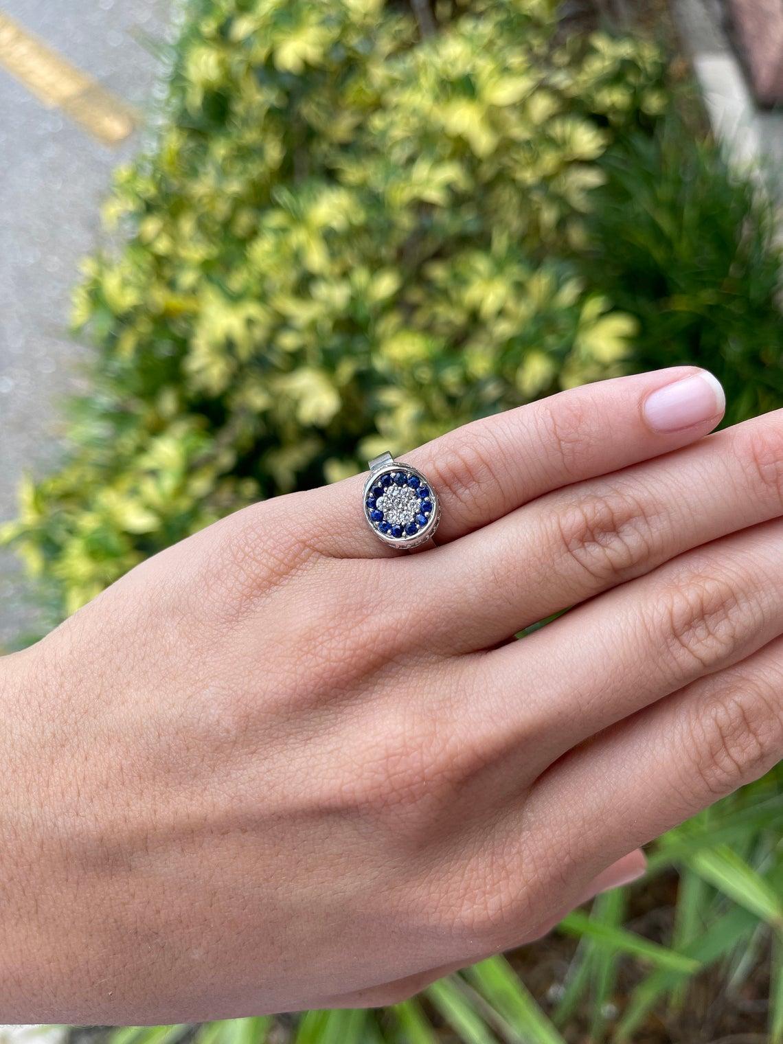 Round Cut AAA+ 14K Natural Blue Sapphire & Diamond Cocktail Ring For Sale