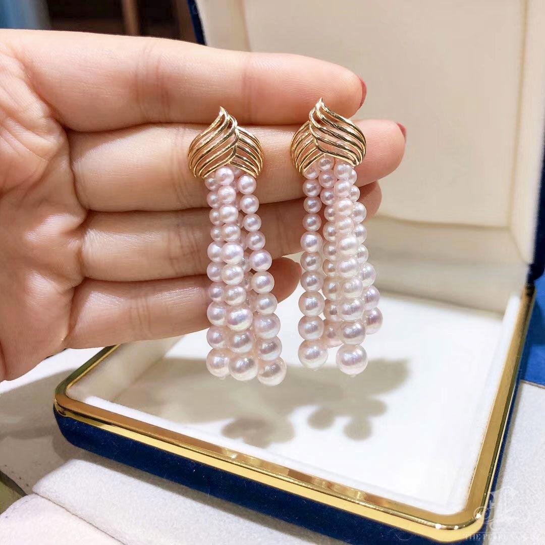 【Sculptured Geometry】Ripple Aurora Pearl Akoya Gold Tassel Earrings en vente 2