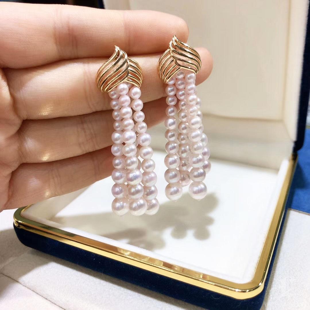【Sculptured Geometry】Ripple Aurora Pearl Akoya Gold Tassel Earrings en vente 3