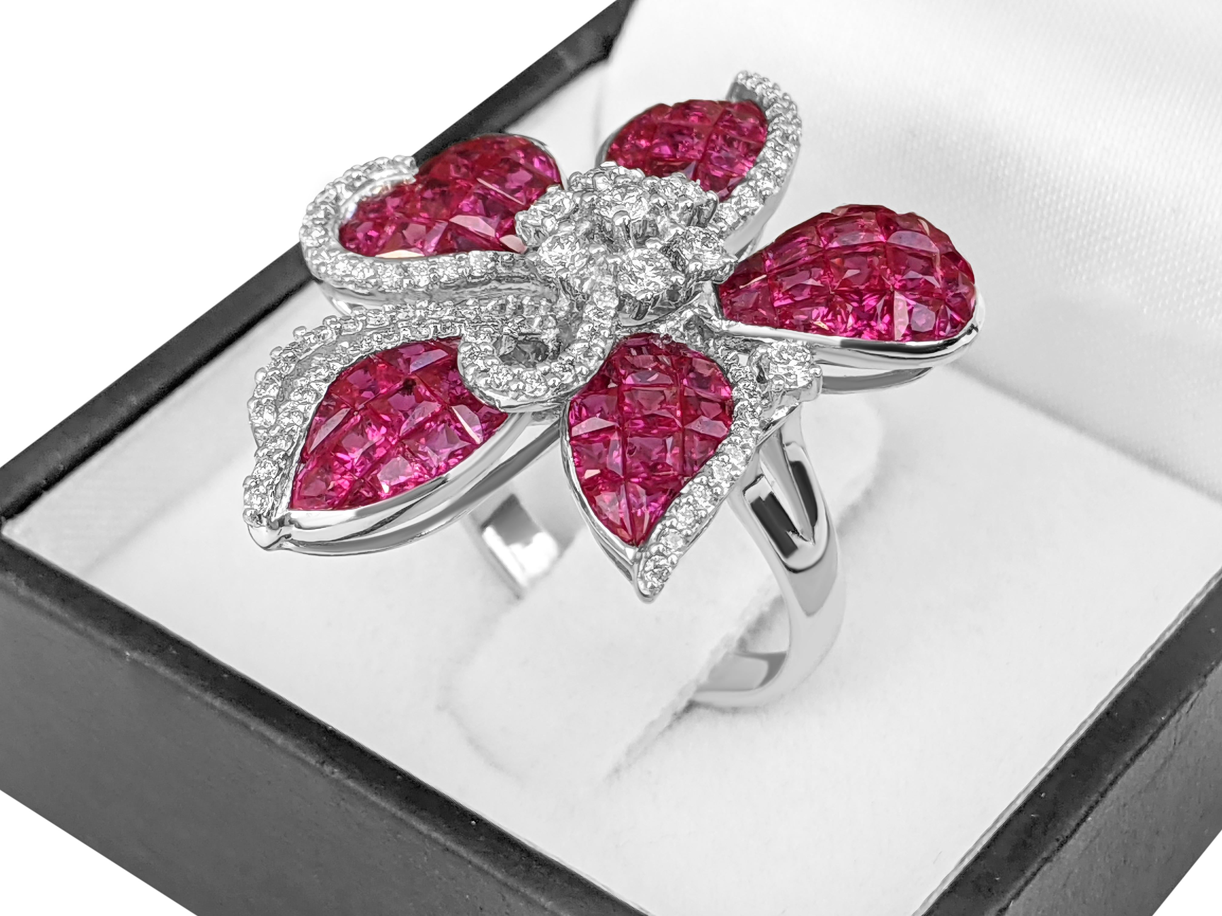 Art Deco $1 NO RESERVE! - AAA 5.01 Carat Red Ruby & 0.63ct Diamonds, 18K White Gold Ring